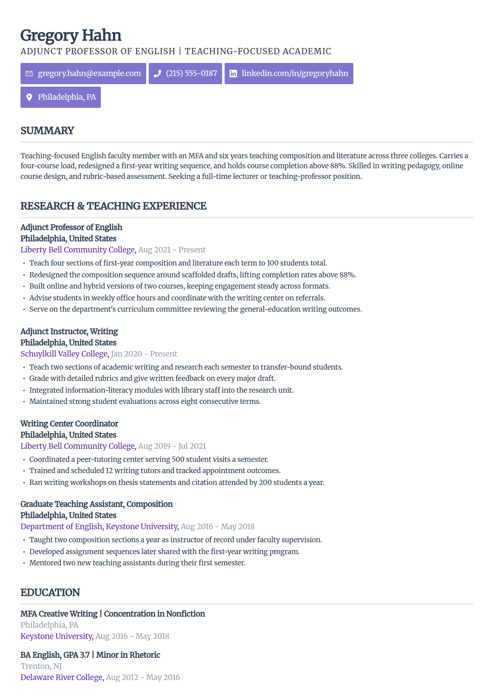 Adjunct and teaching-focused academic resume example in the Sleek Framework template