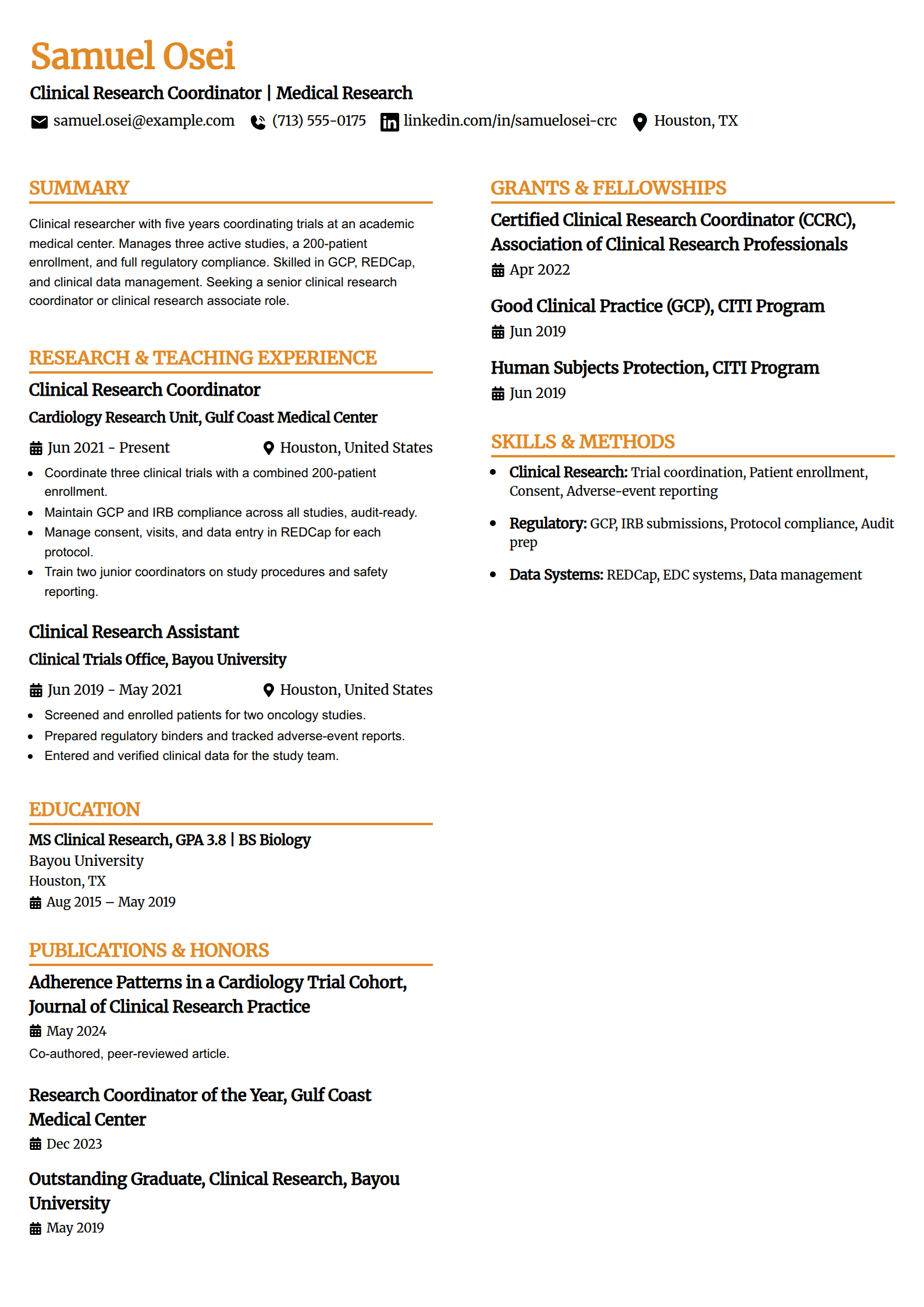 Clinical and medical researcher resume example in the Professional Edge template