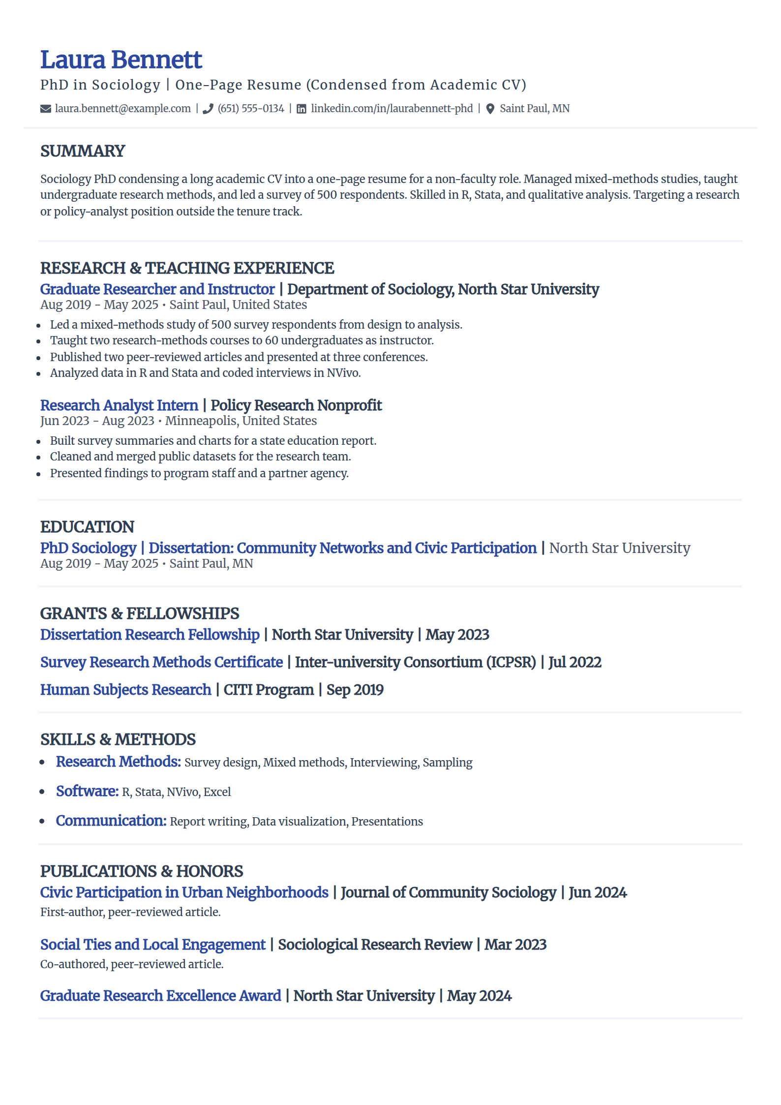 One-page resume condensed from an academic CV example in the Elegant template