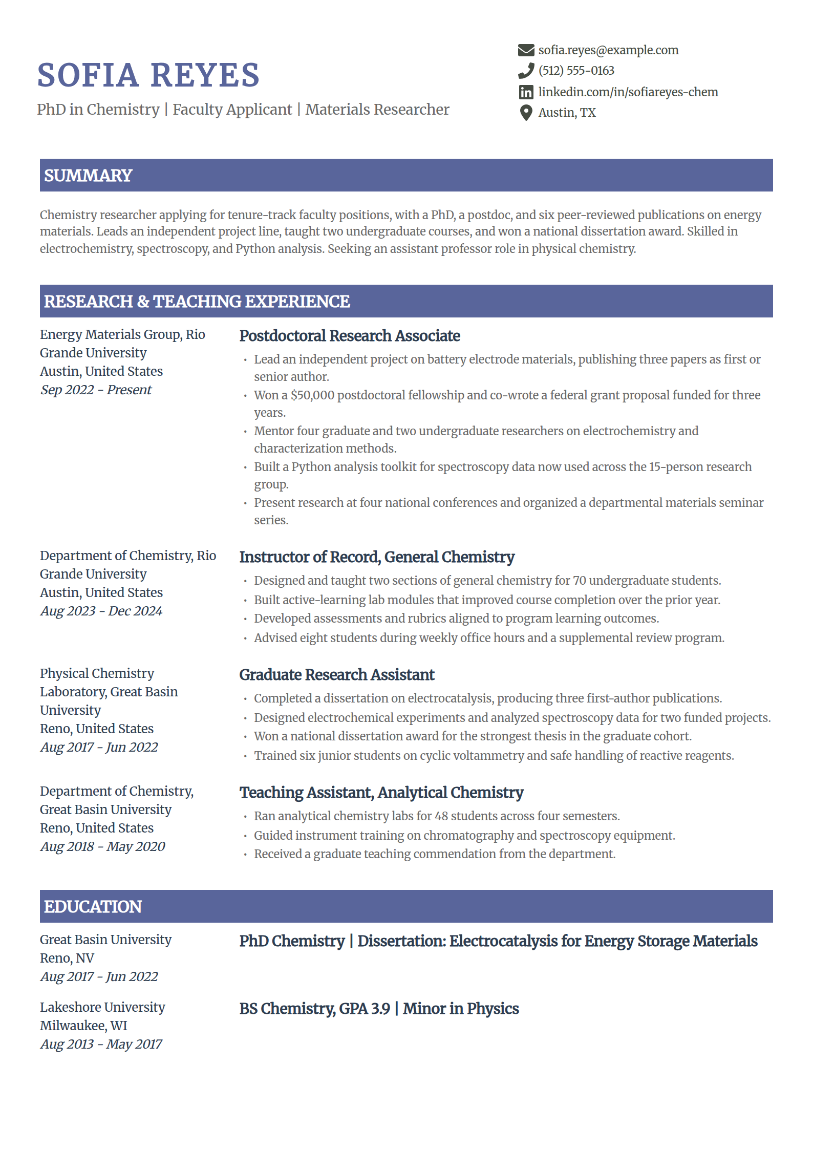 Assistant professor and faculty applicant academic resume example in the Catalyst template