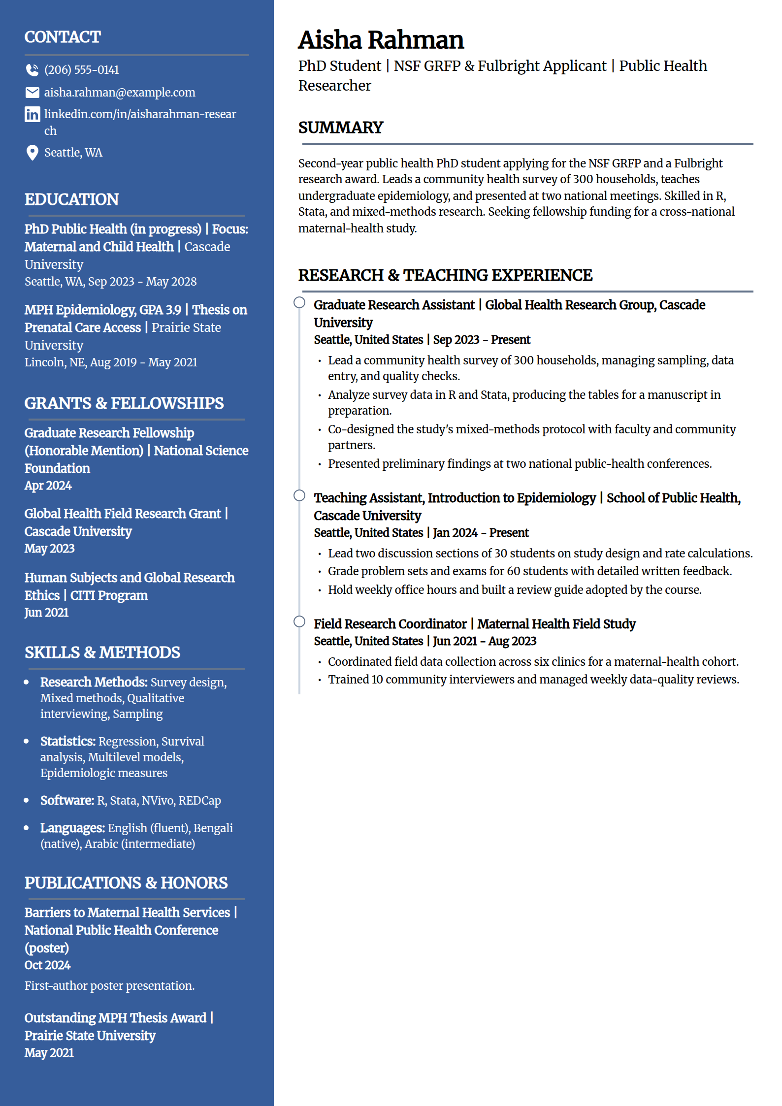 Fellowship and grant applicant academic resume example in the Creative template