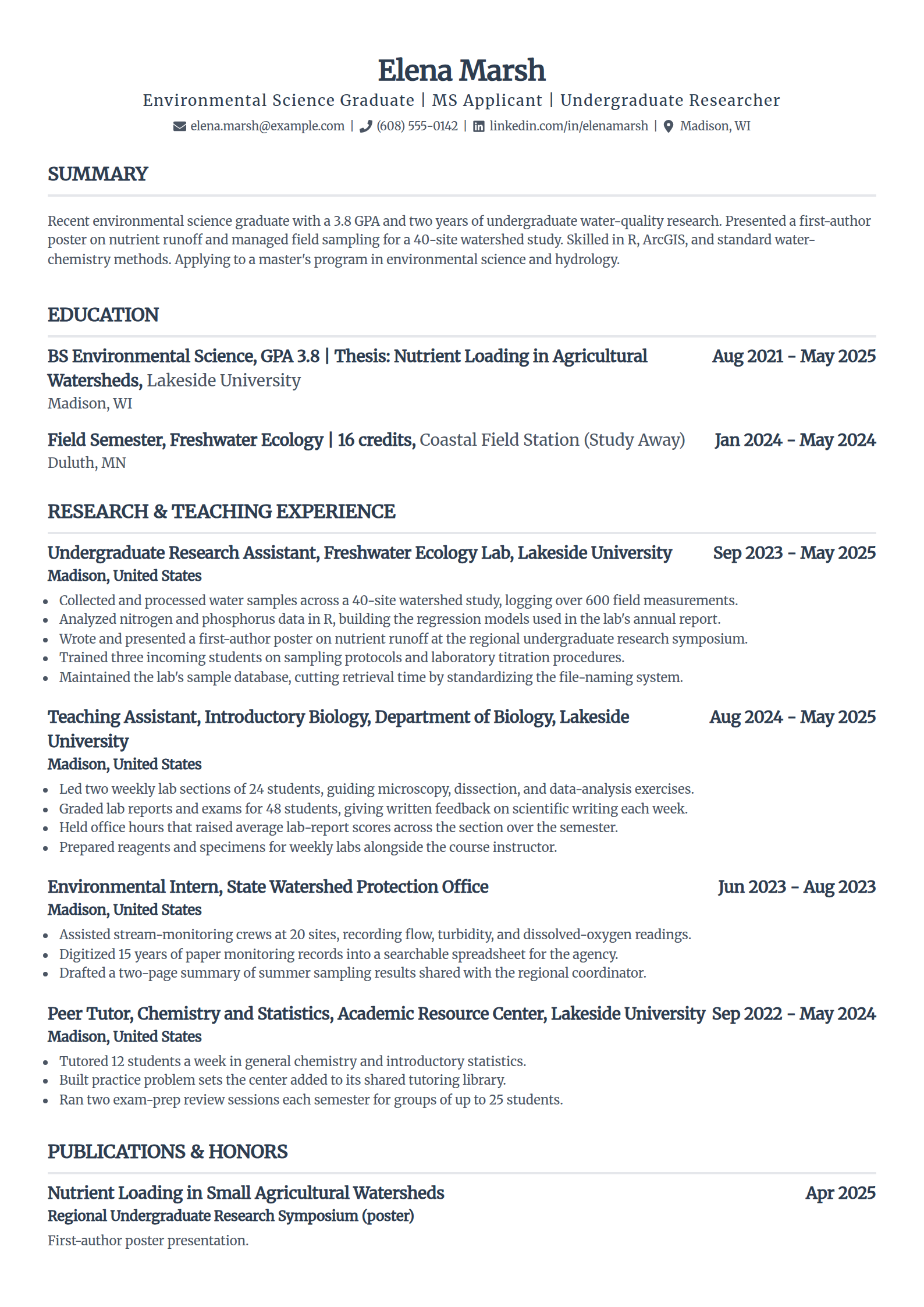 Graduate school master's applicant academic resume example in the Standard template