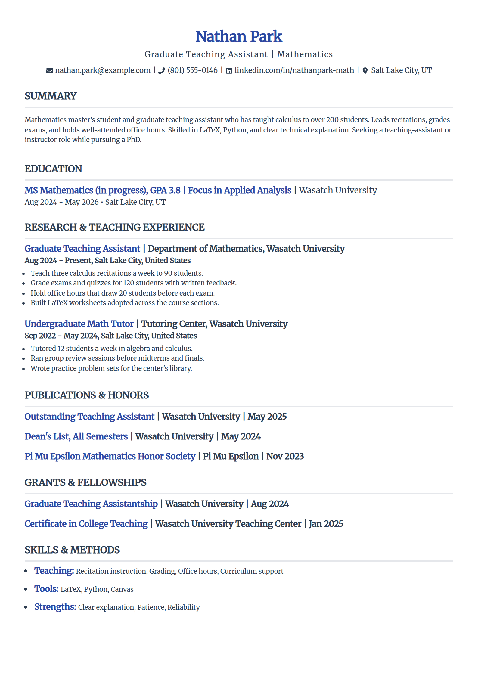 Graduate teaching assistant academic resume example in the Simple template