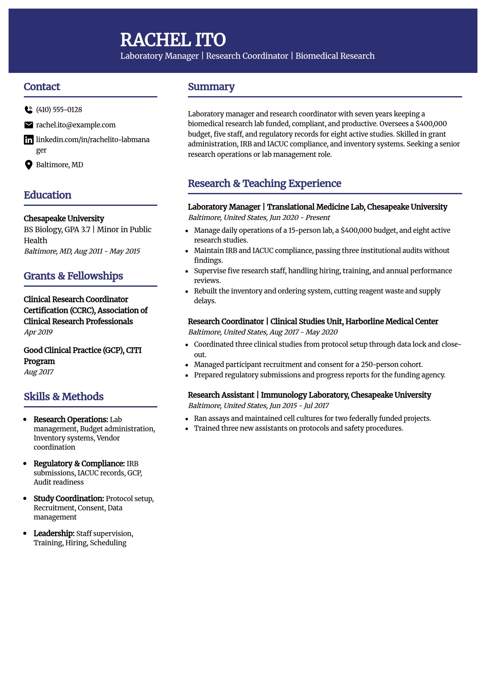 Lab manager and research coordinator academic resume example in the Visionary template