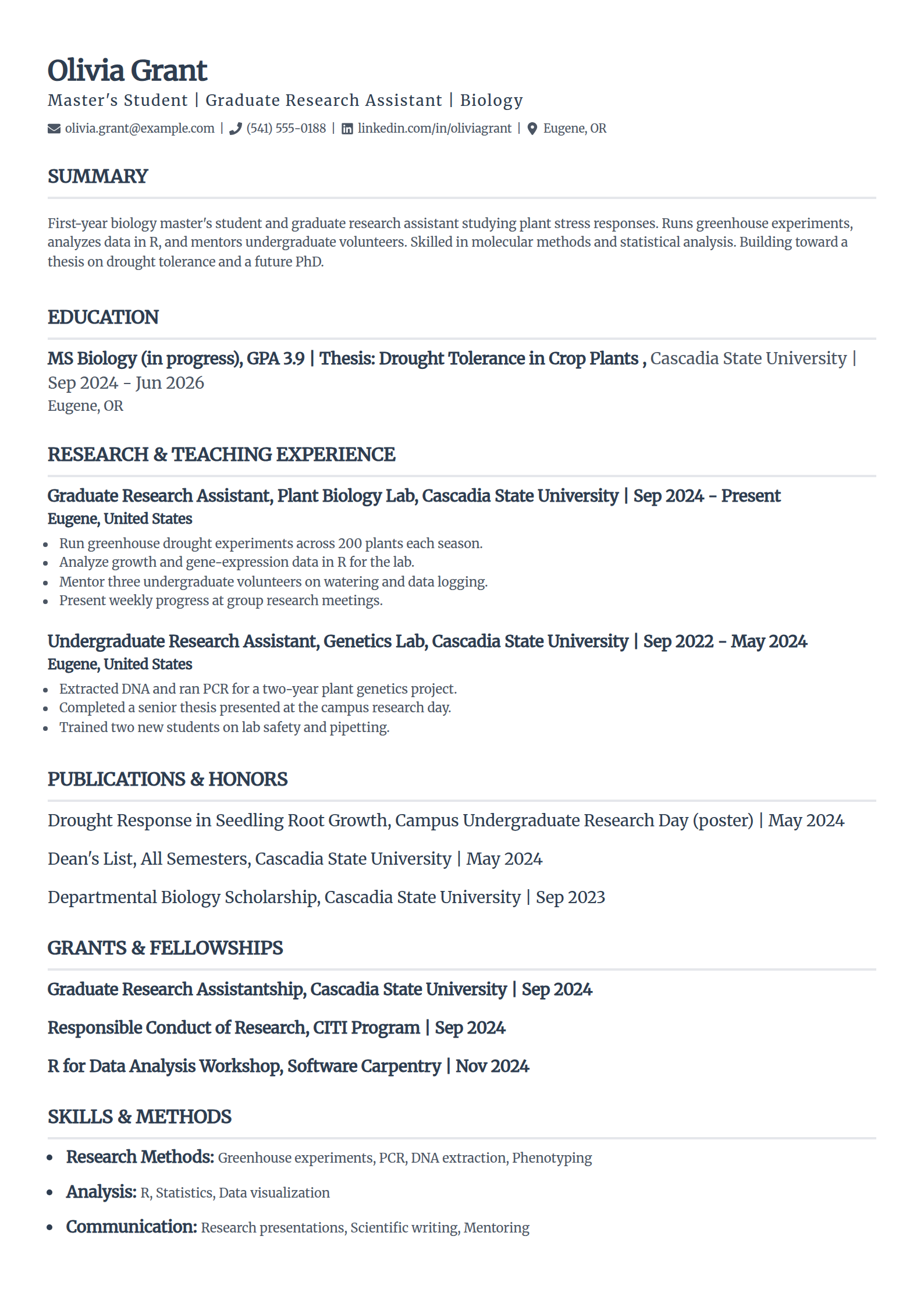 Master's student in a research role academic resume example in the Classic template