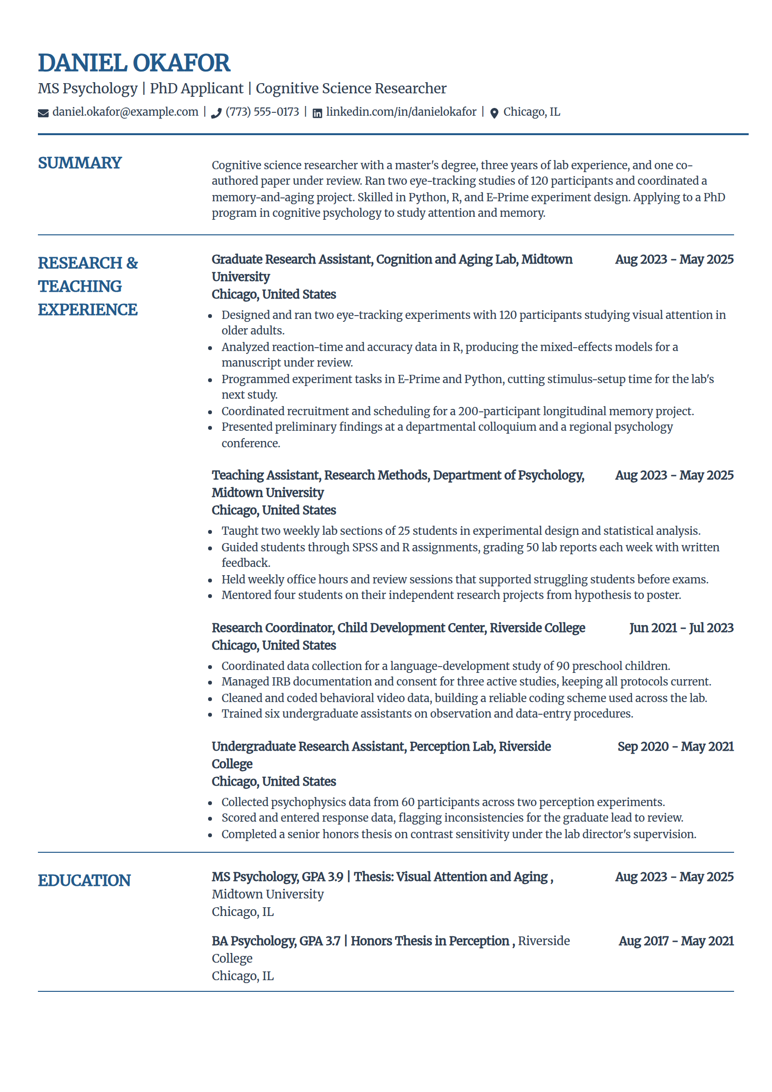 PhD program applicant academic resume example in the Craft template