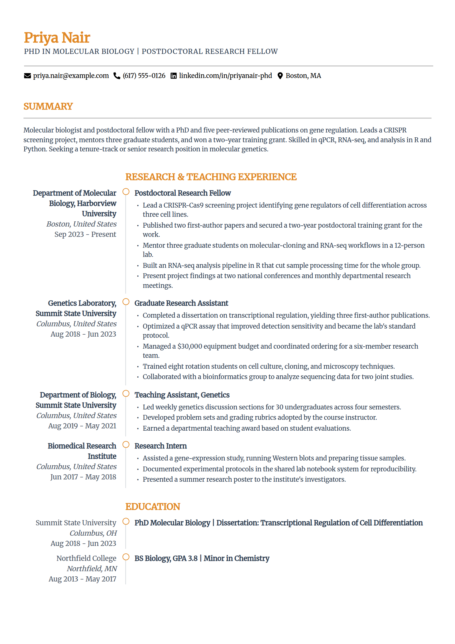 Postdoctoral researcher academic resume example in the Zenith template