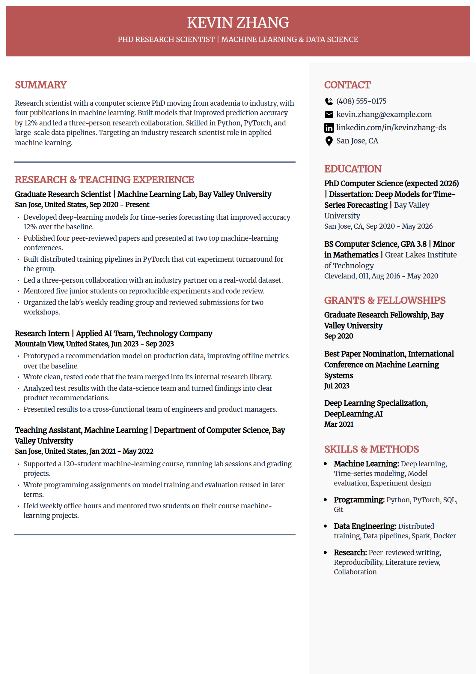 Research scientist moving from academia to industry resume example in the Executive template