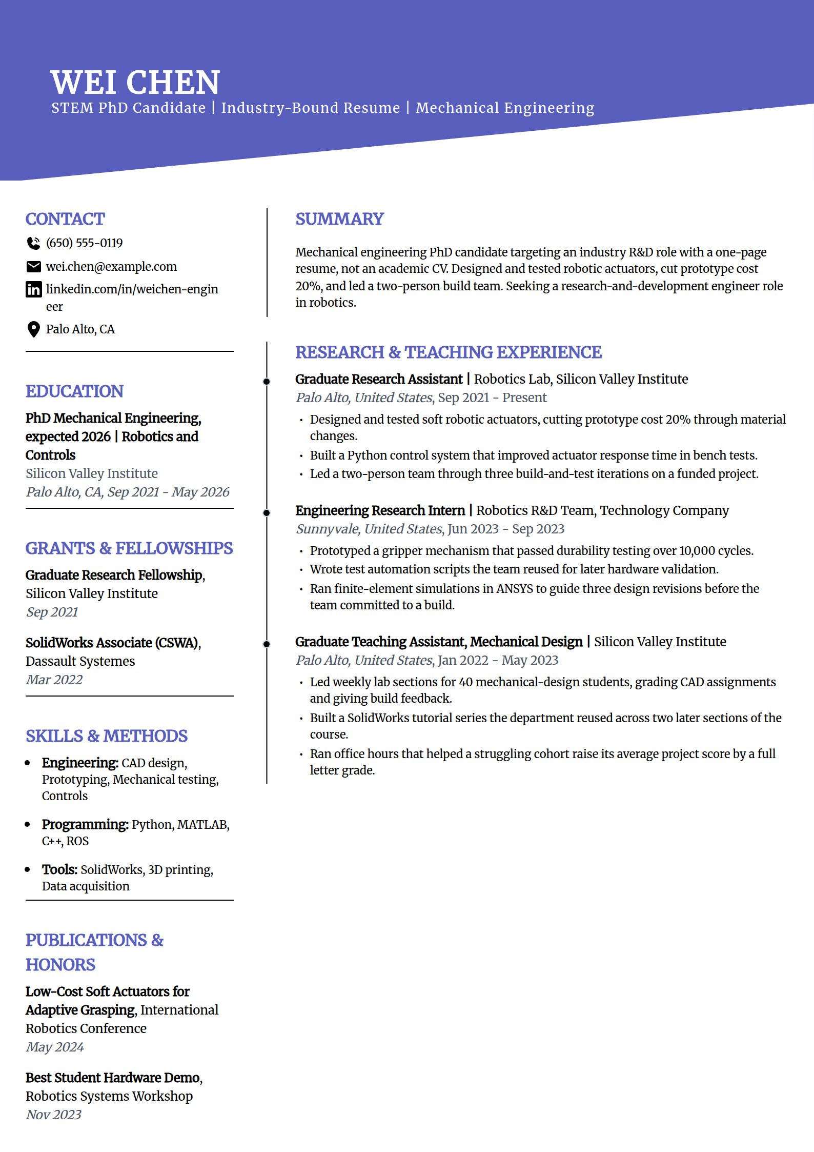 STEM PhD candidate industry-bound resume example in the Orbit template