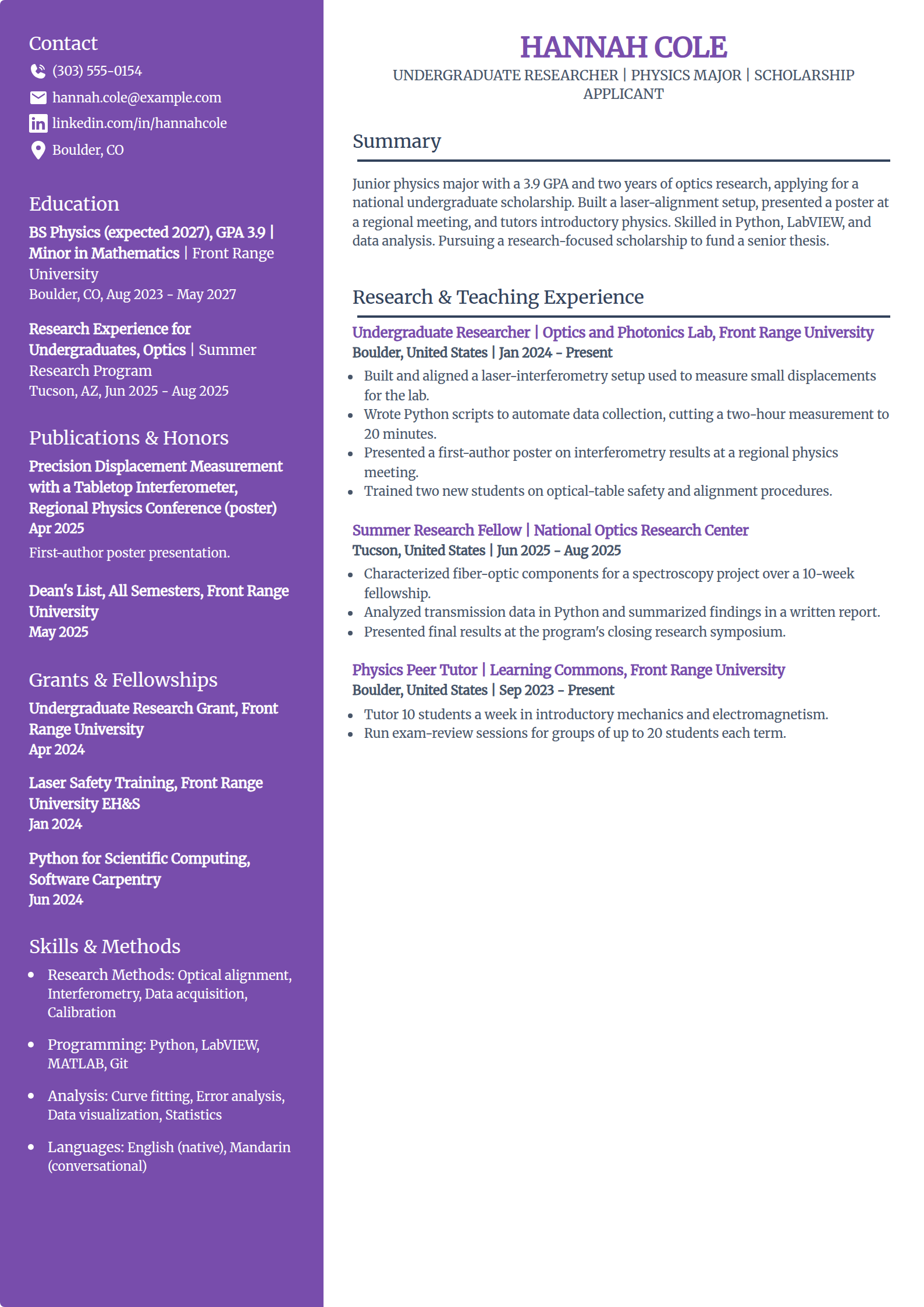 Undergraduate research and scholarship applicant academic resume example in the Pioneer template
