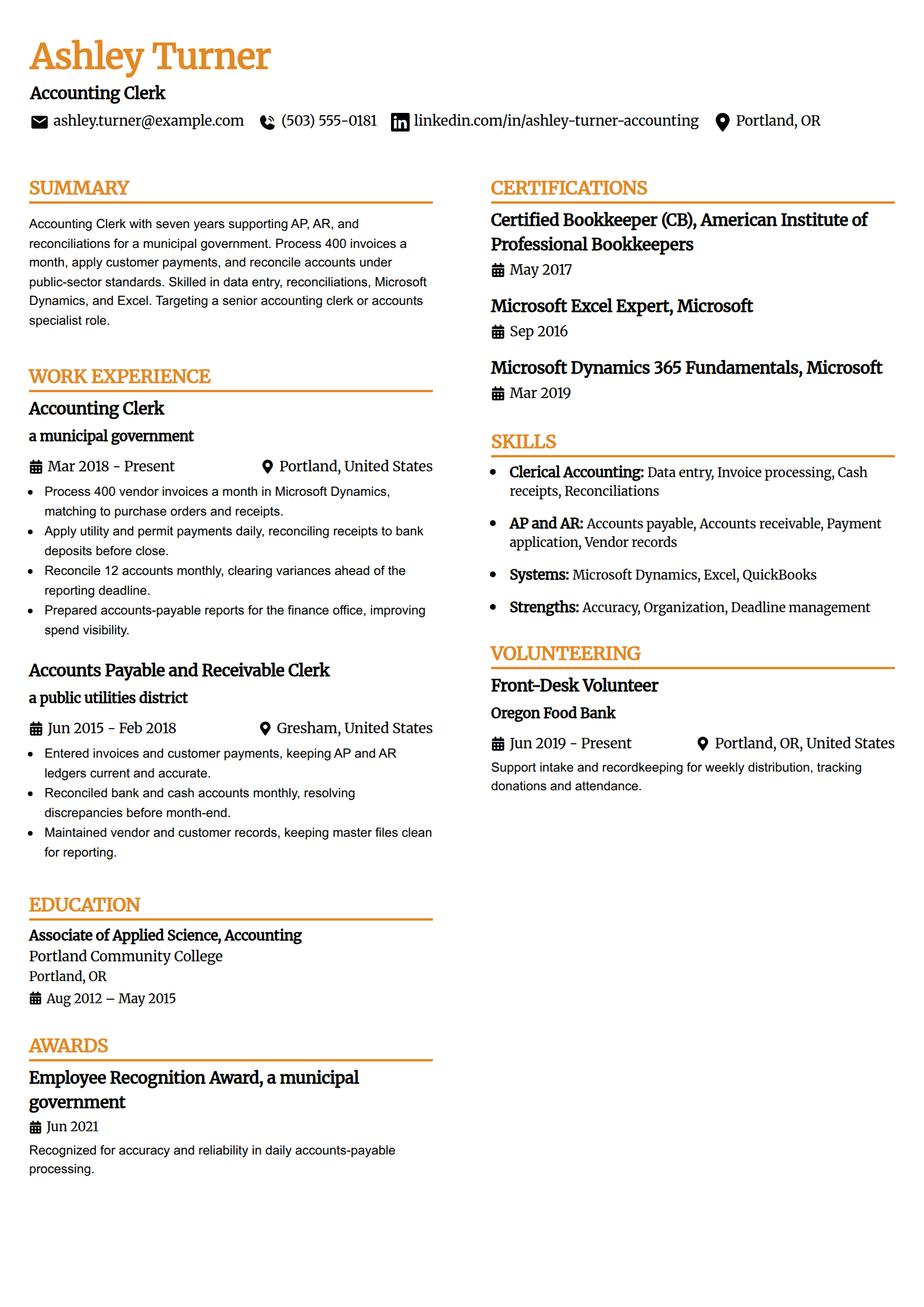Accounting clerk resume example in the Professional Edge template