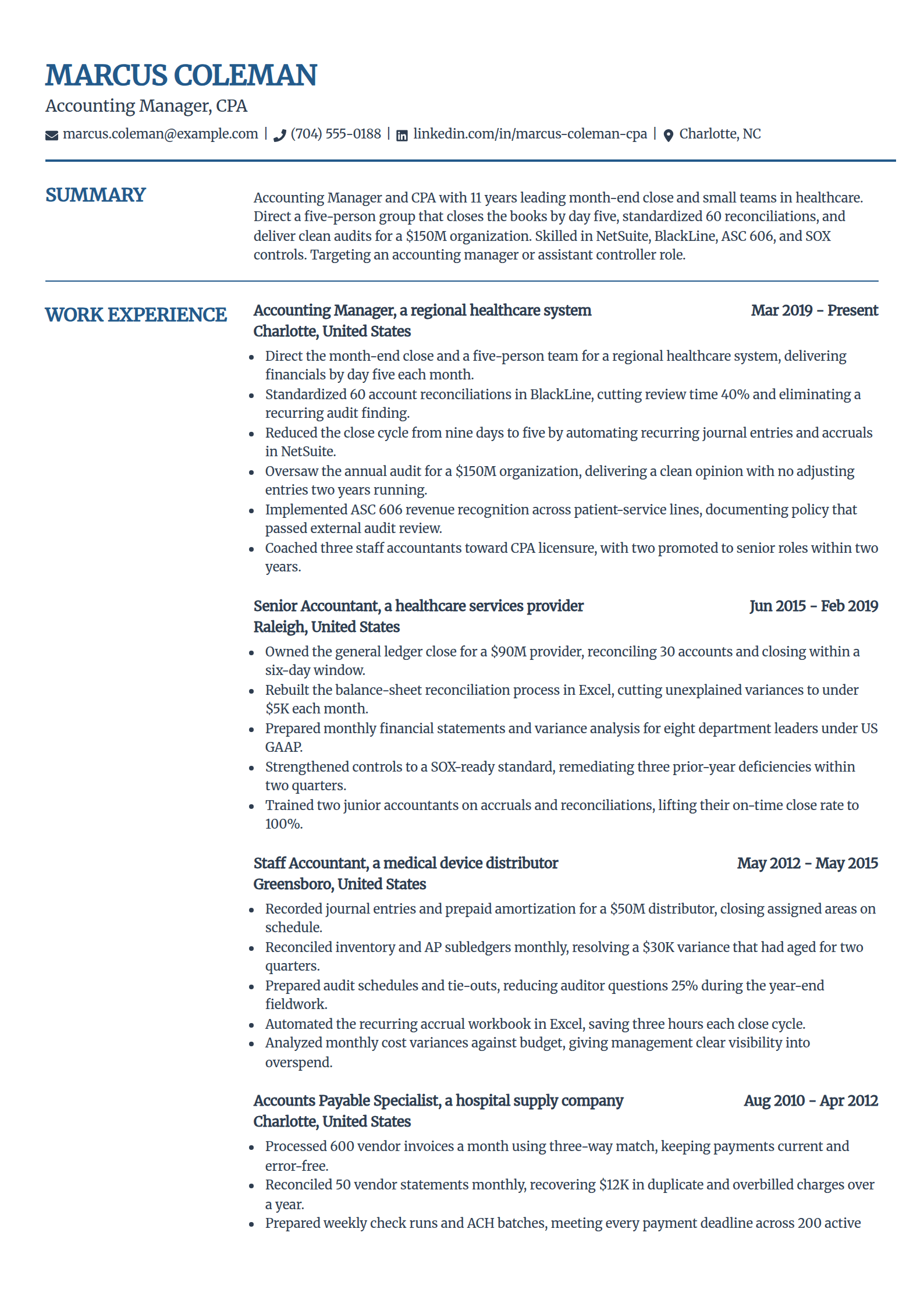 Accounting manager resume example in the Craft template