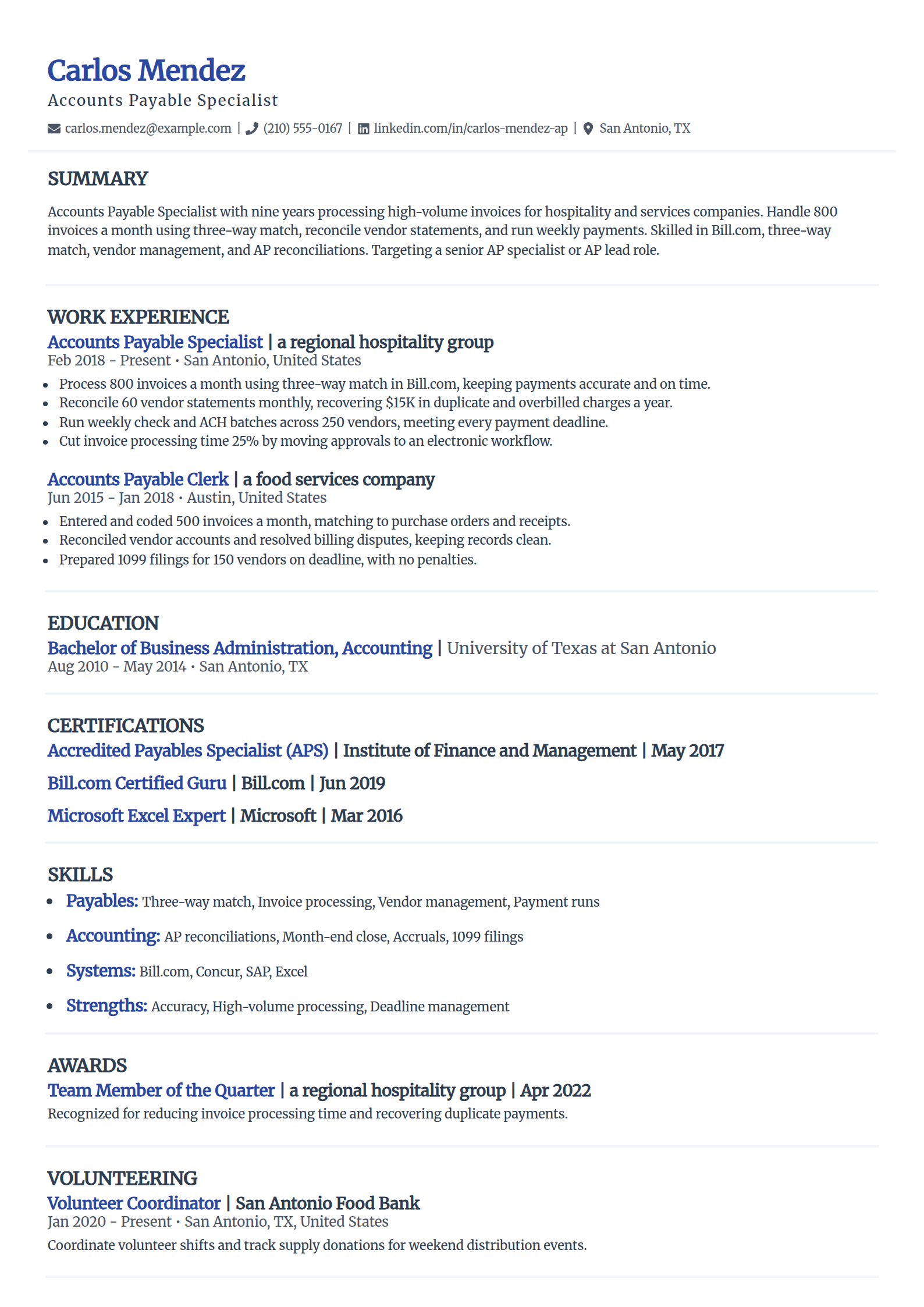 Accounts payable specialist resume example in the Elegant template