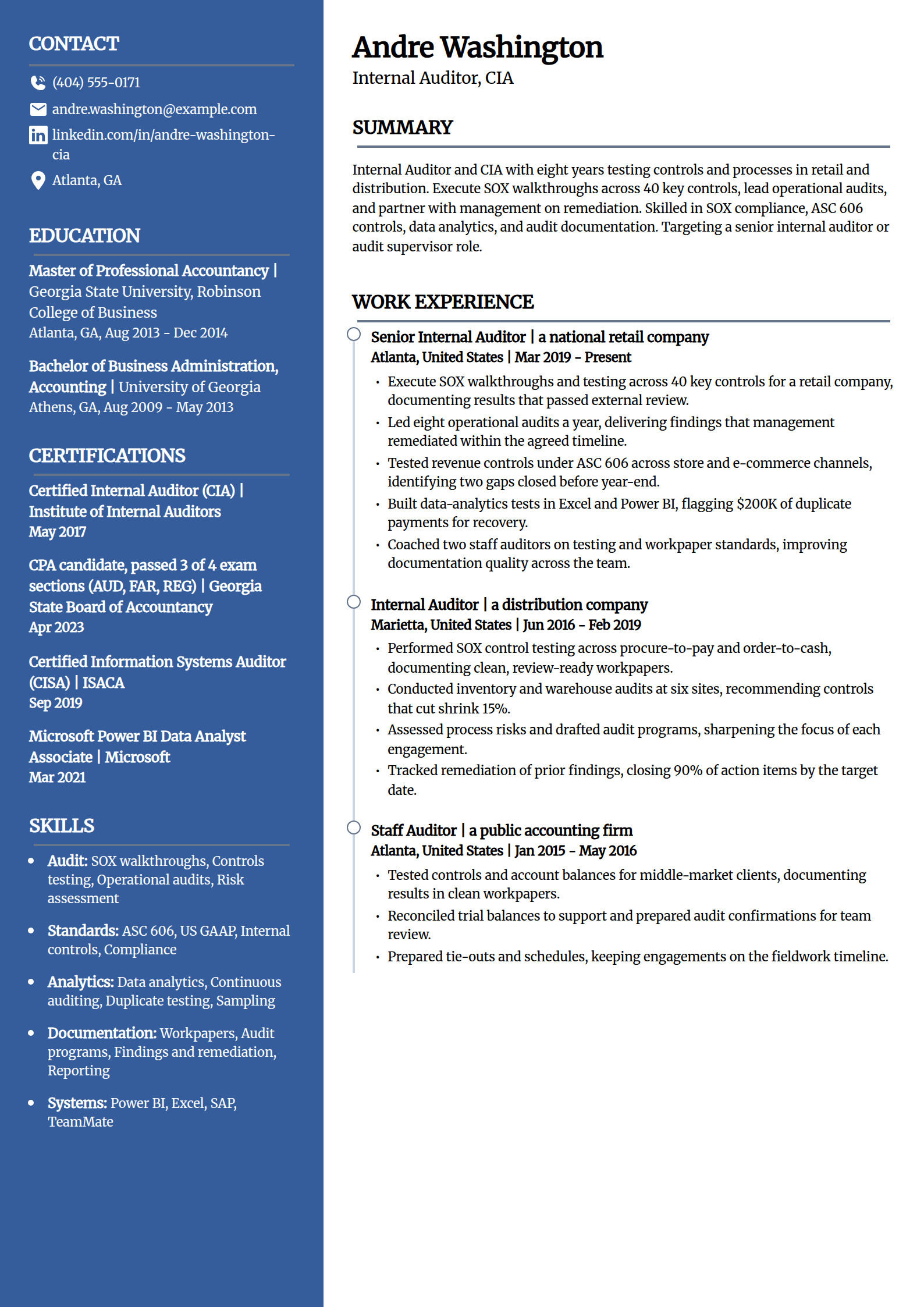 Internal auditor resume example in the Creative template