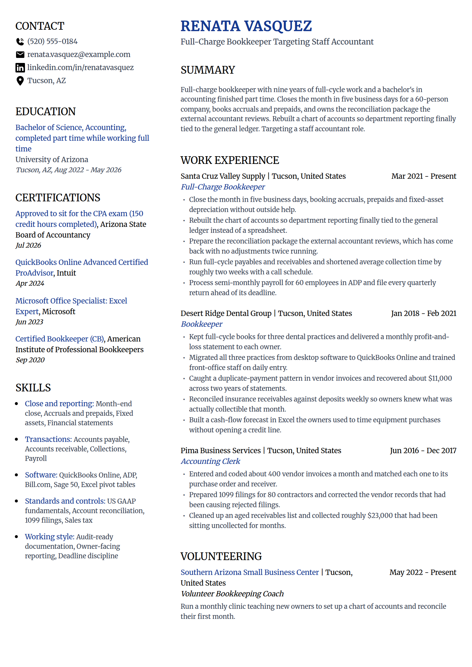 Bookkeeper moving up to accountant resume example in the Voyage template