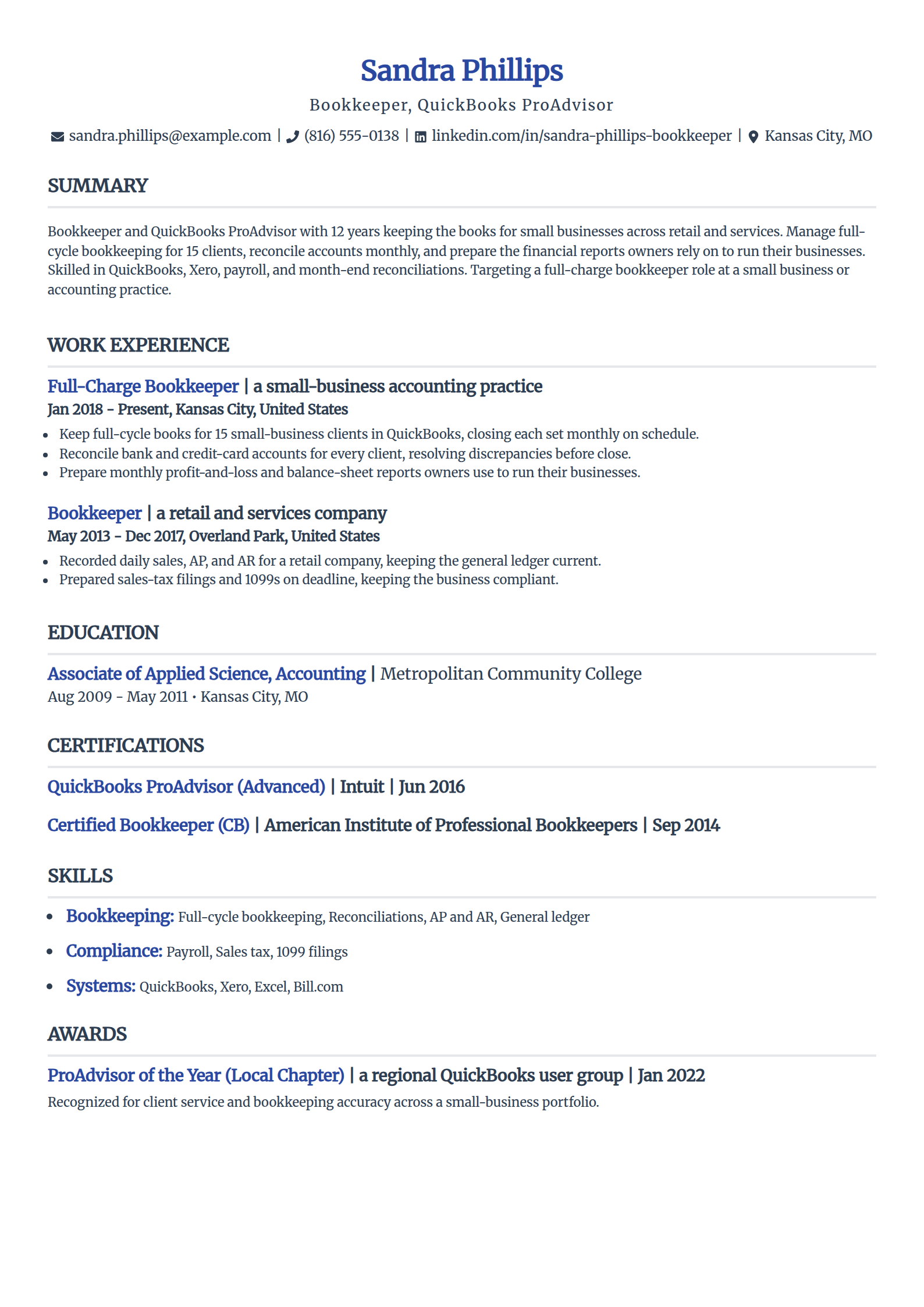 Bookkeeper resume example in the Simple template