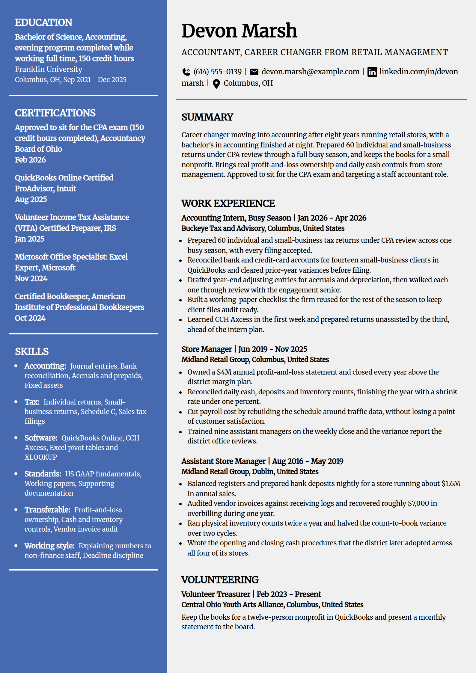 Career change accountant resume example in the Innovative template