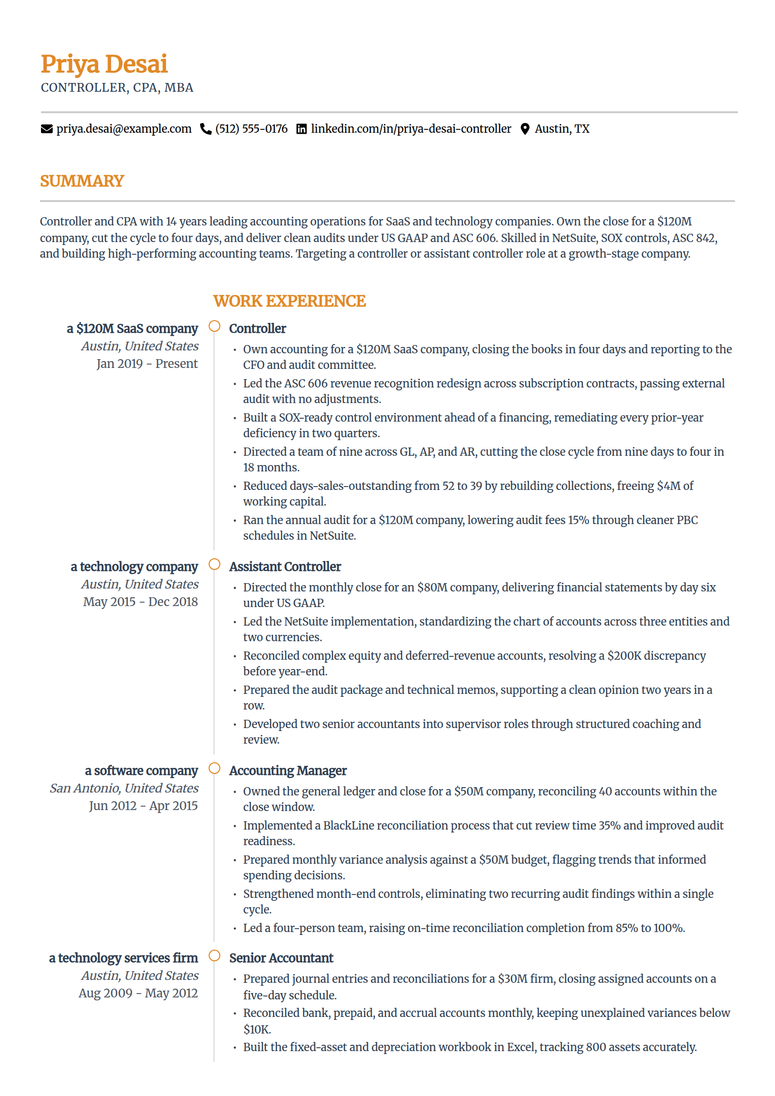 Controller resume example in the Zenith template