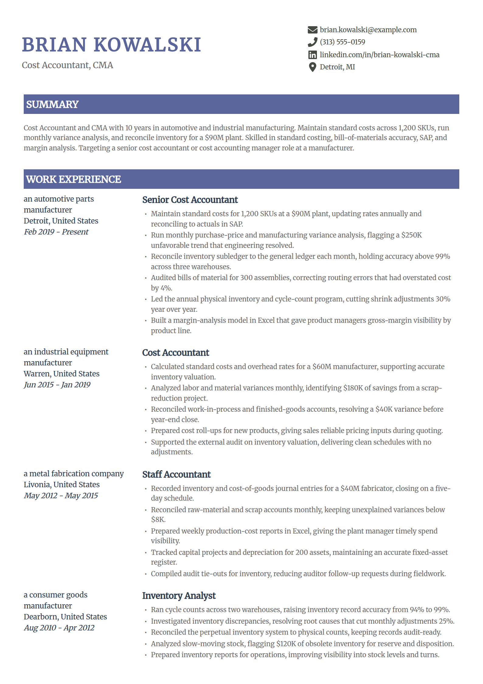 Cost accountant resume example in the Catalyst template