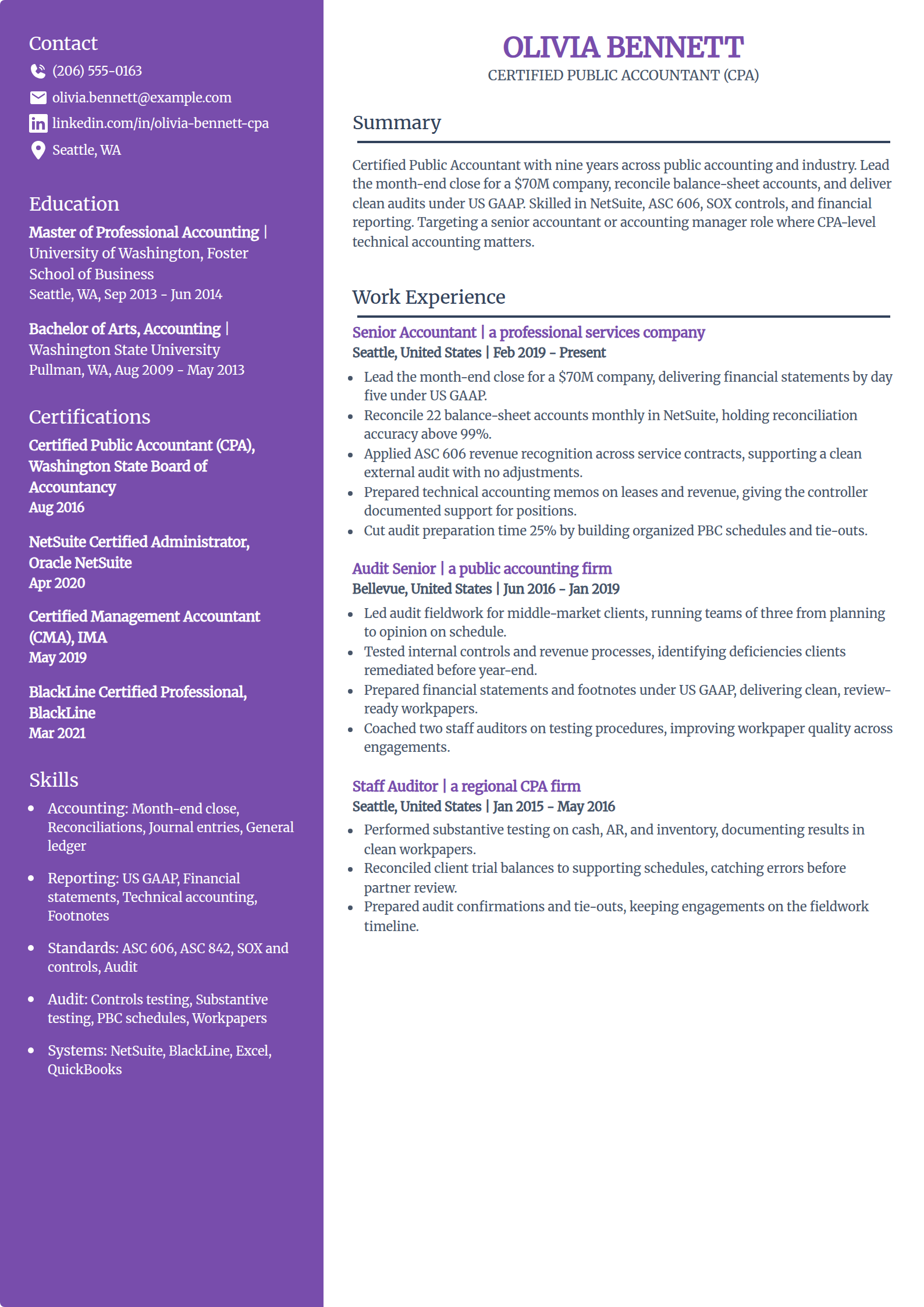 CPA resume example in the Pioneer template