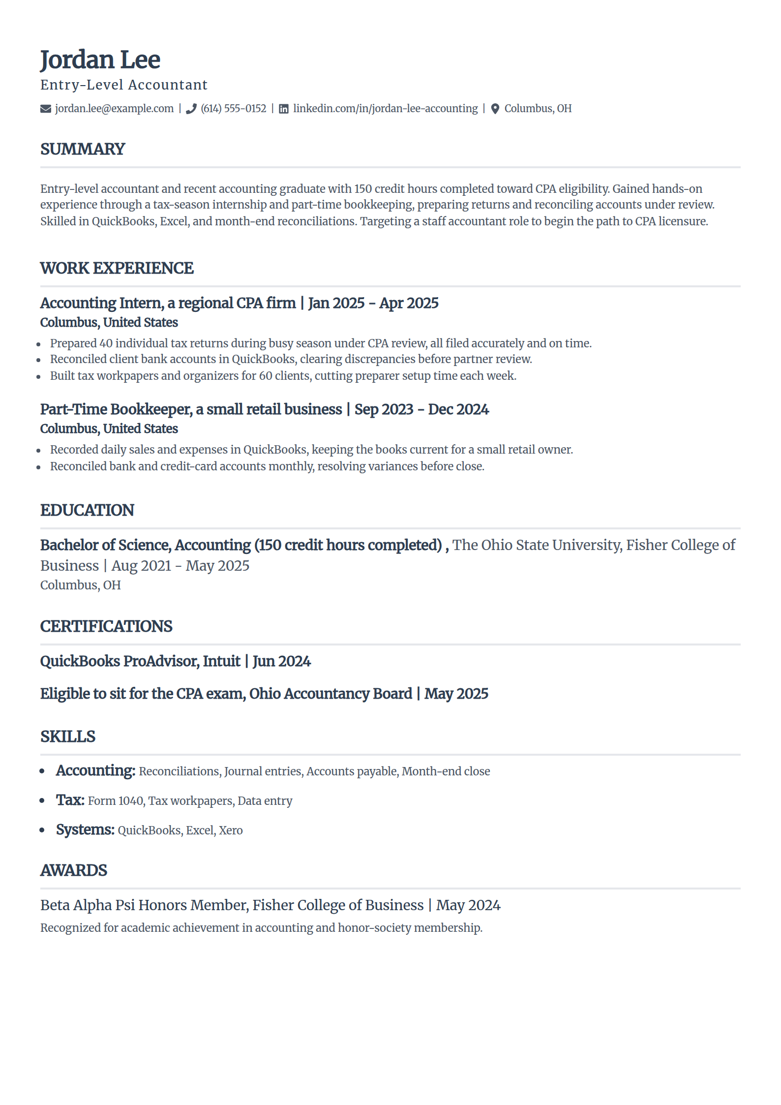 Entry-level accountant resume example in the Classic template