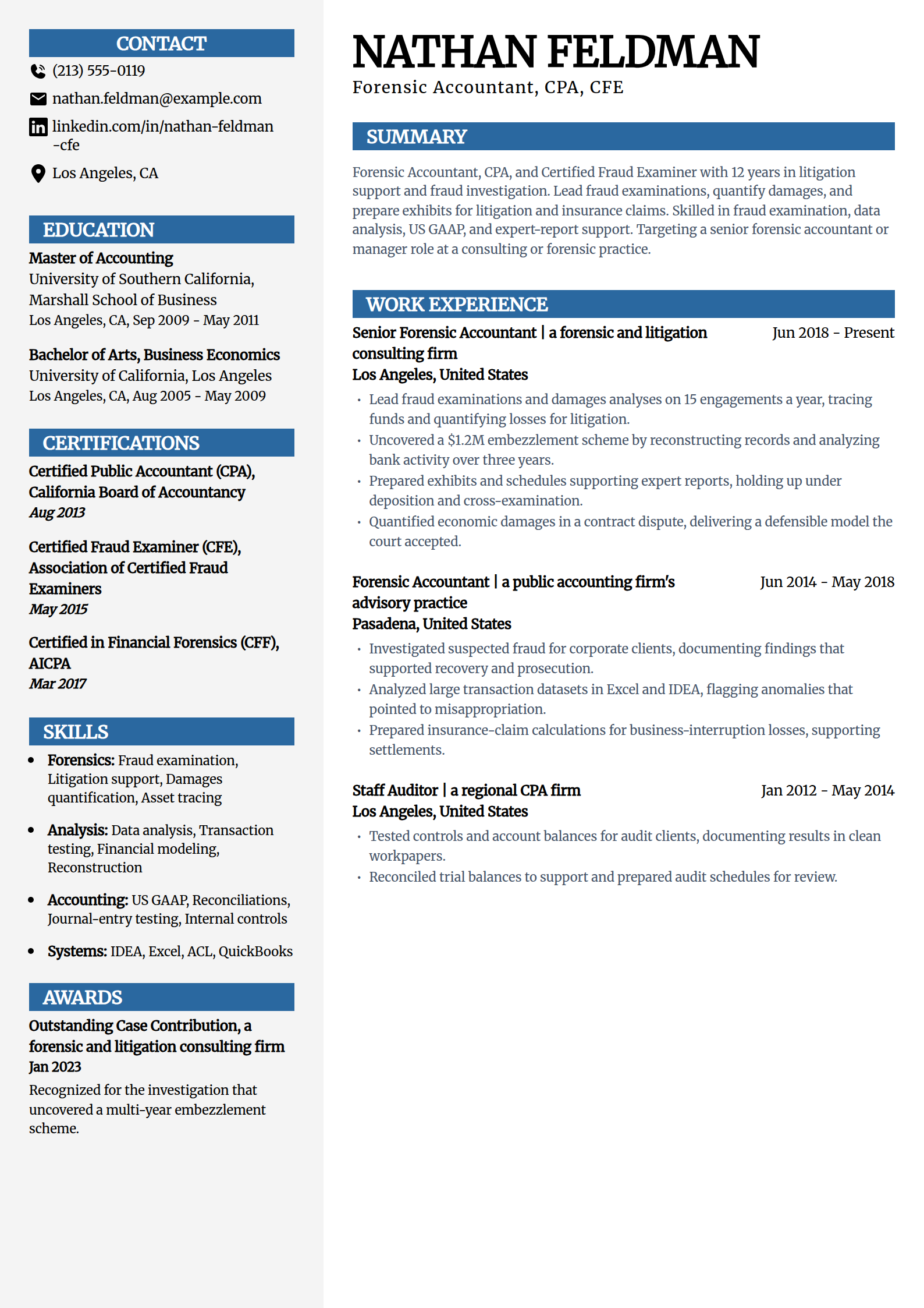 Forensic accountant resume example in the Mosaic template
