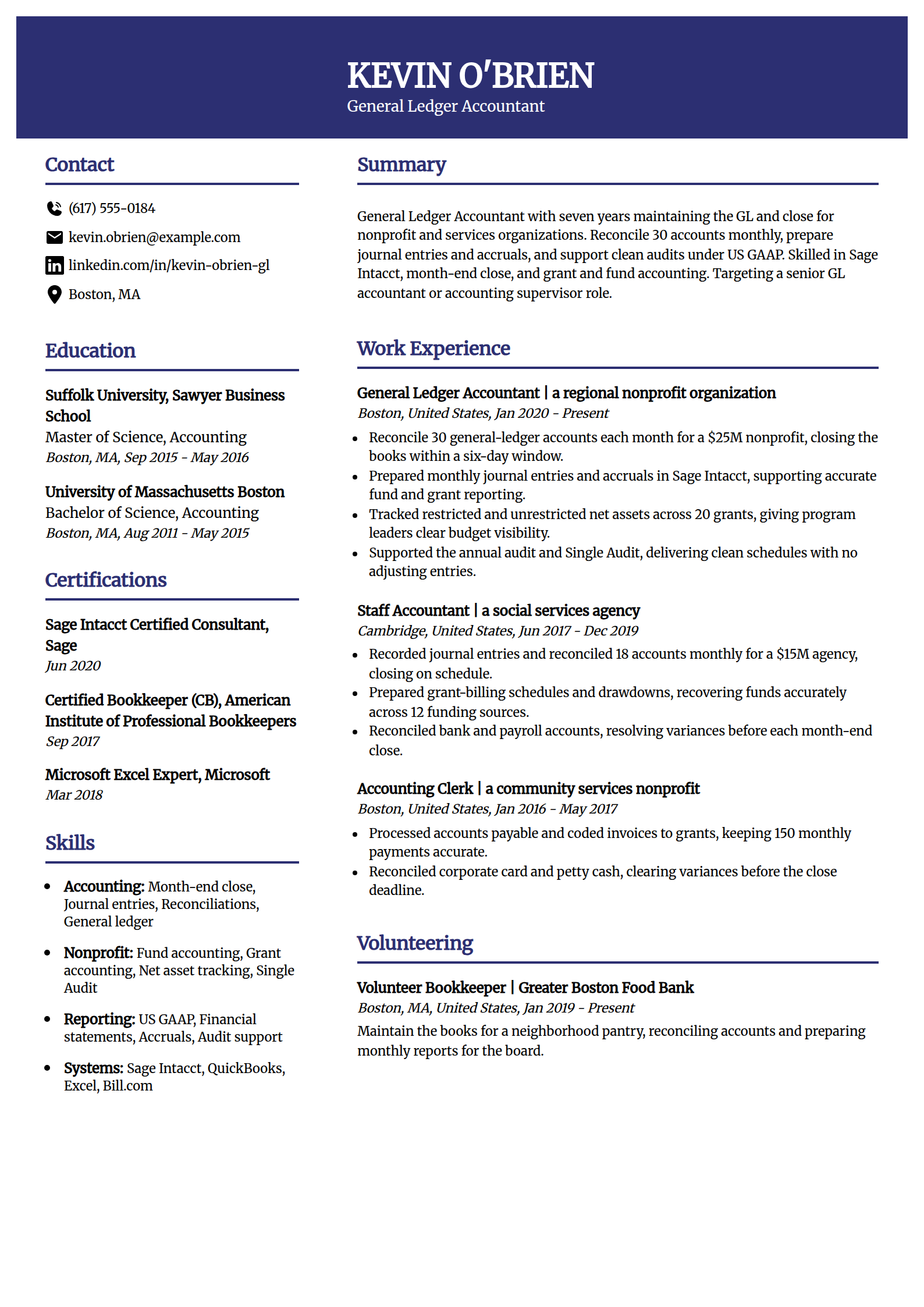 General ledger accountant resume example in the Visionary template