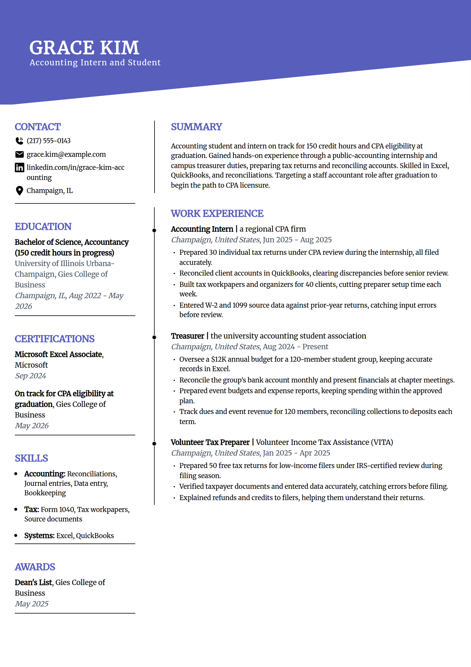 Accounting intern resume example in the Orbit template
