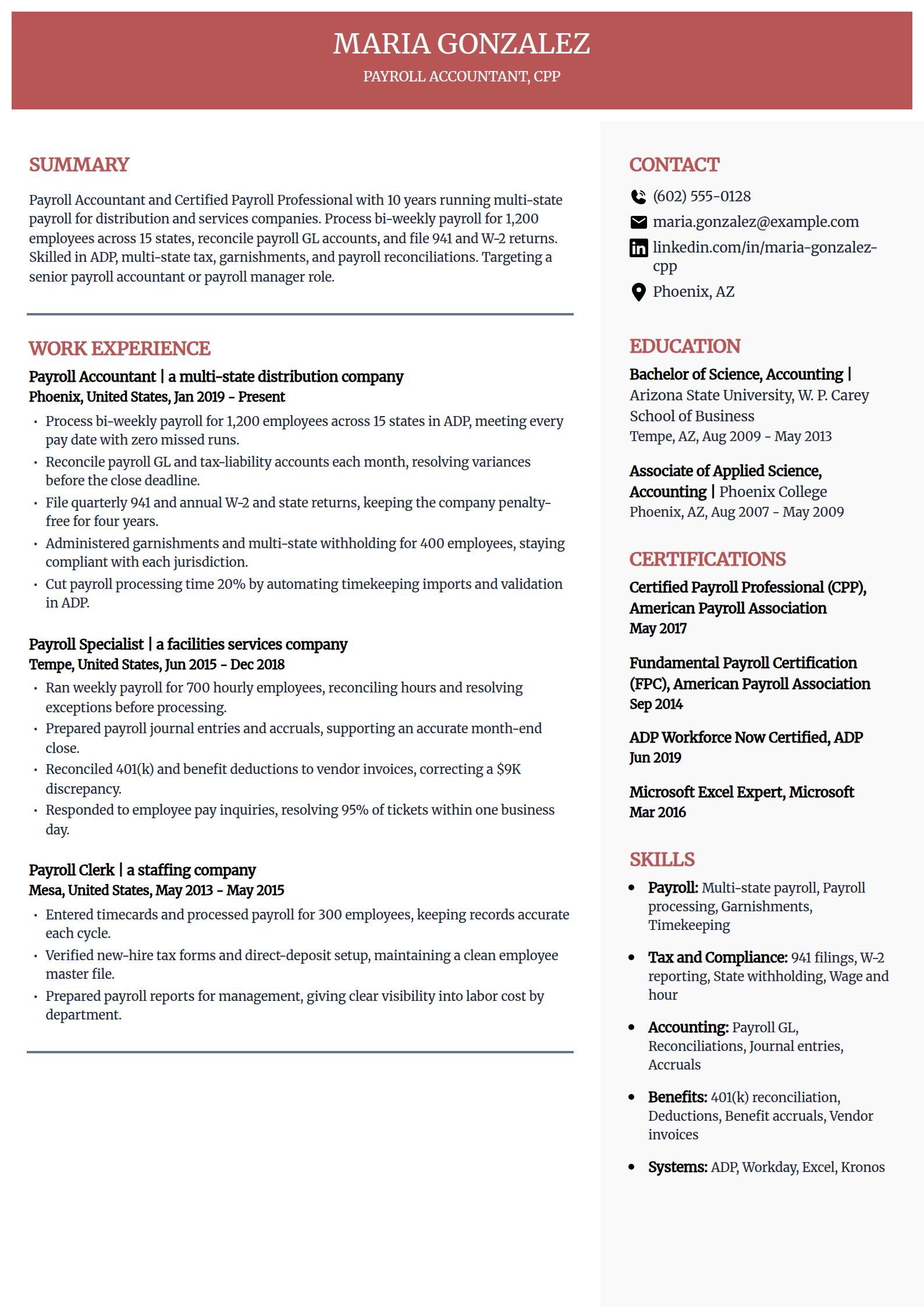 Payroll accountant resume example in the Executive template