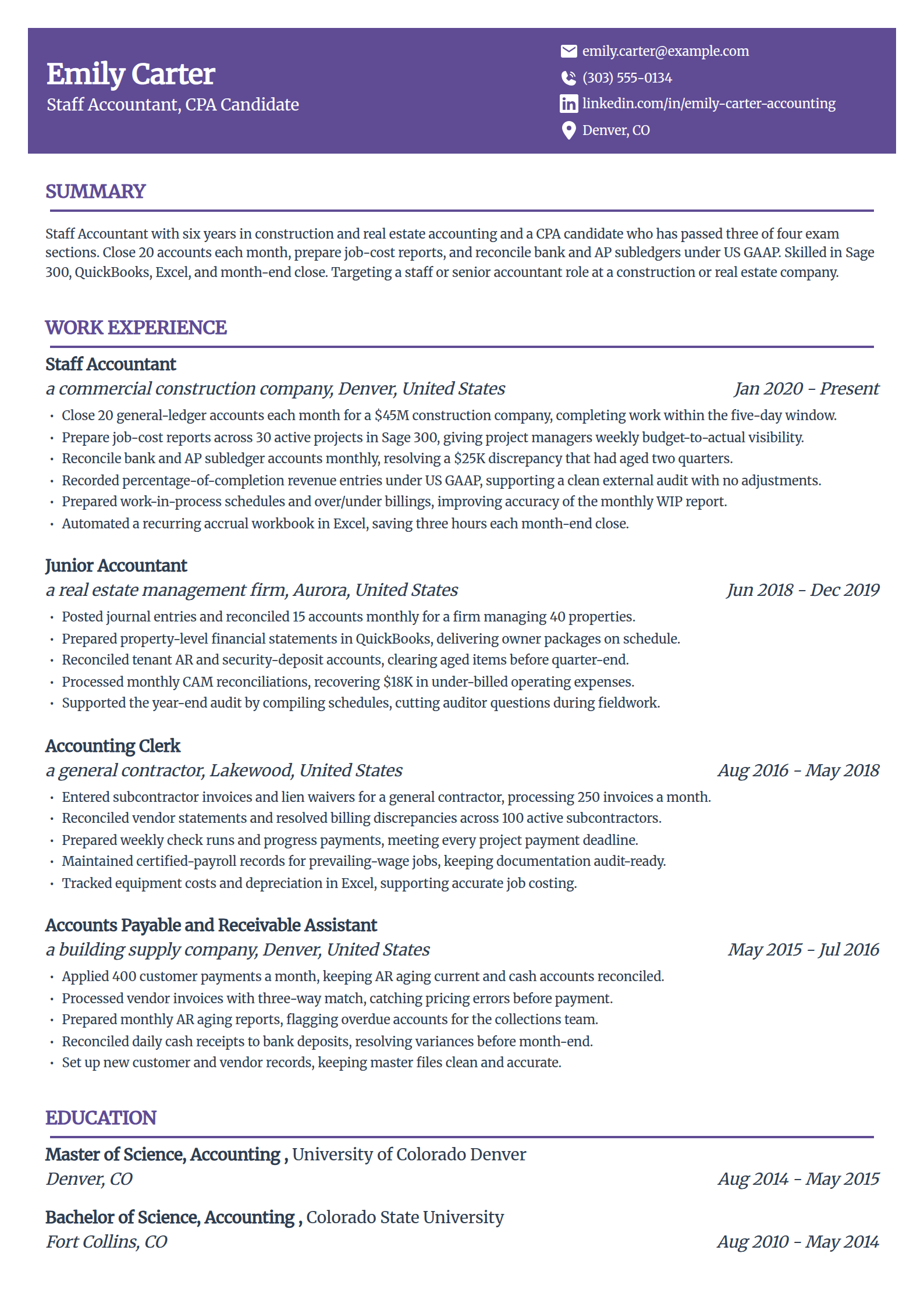 Staff accountant resume example in the Panorama template