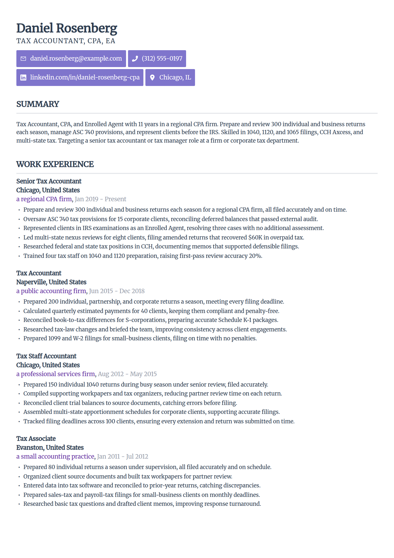 Tax accountant resume example in the Sleek Framework template