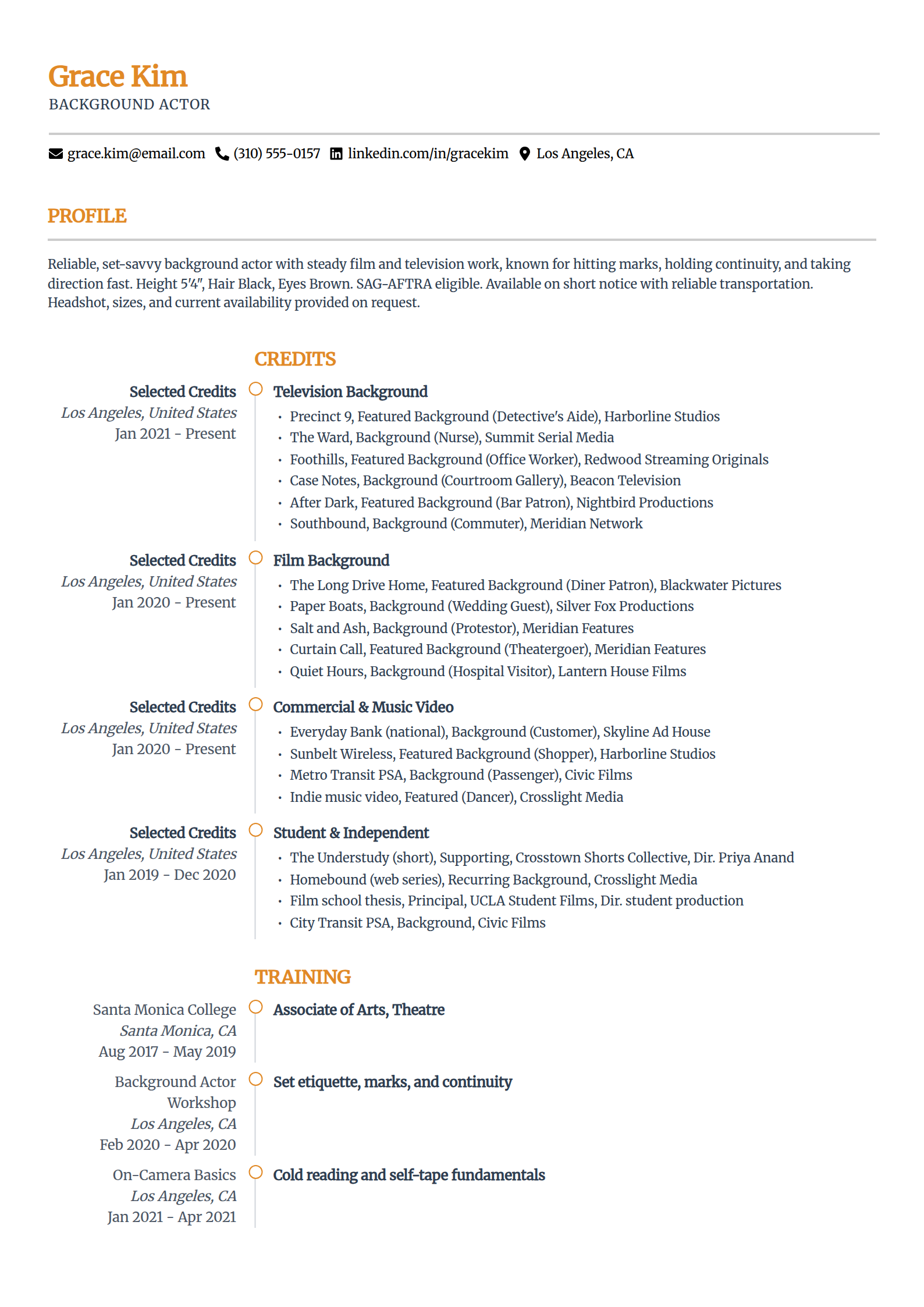 Background actor and extra resume example in the Zenith template