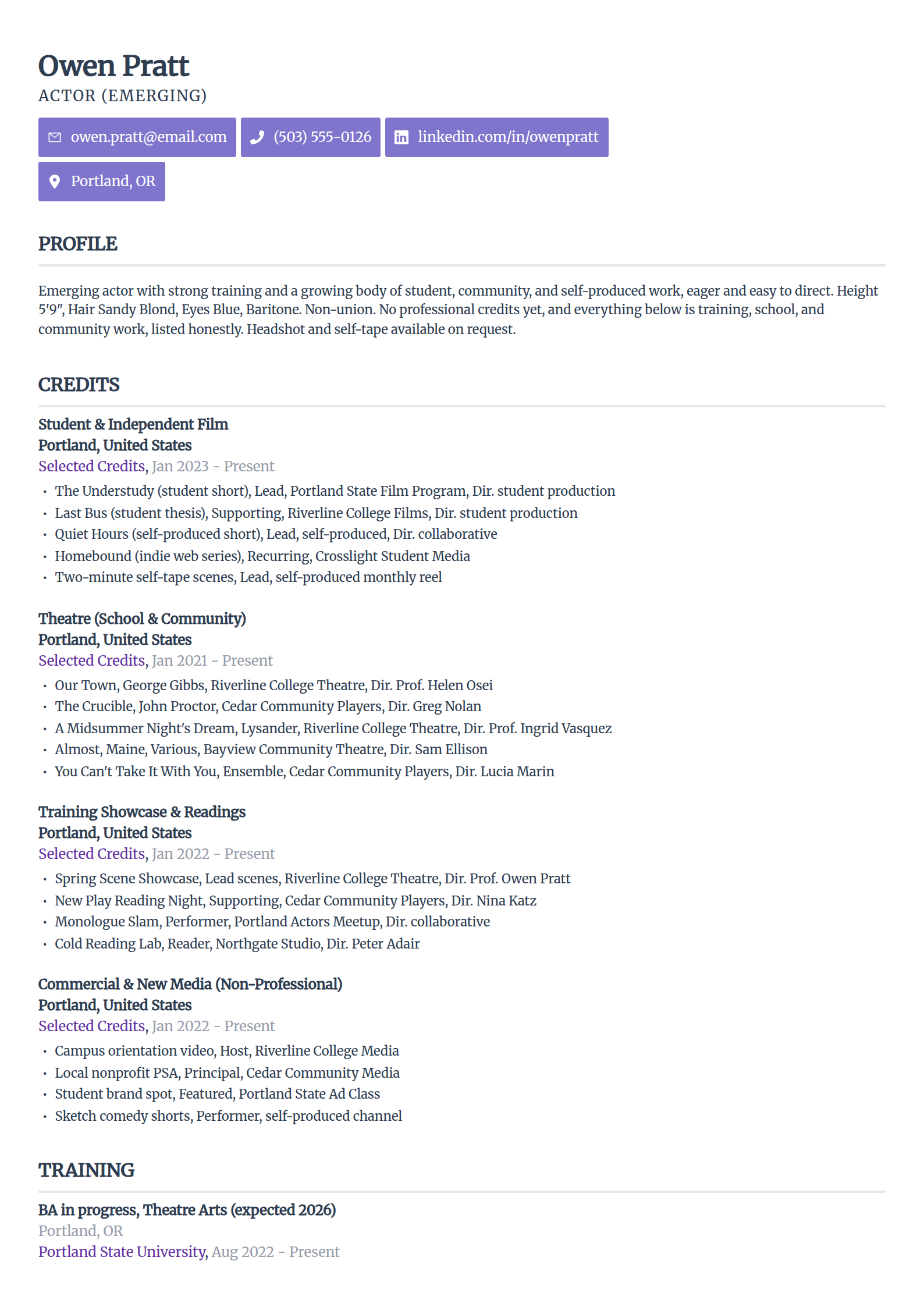 Beginner acting resume example with no professional credits in the Sleek Framework template