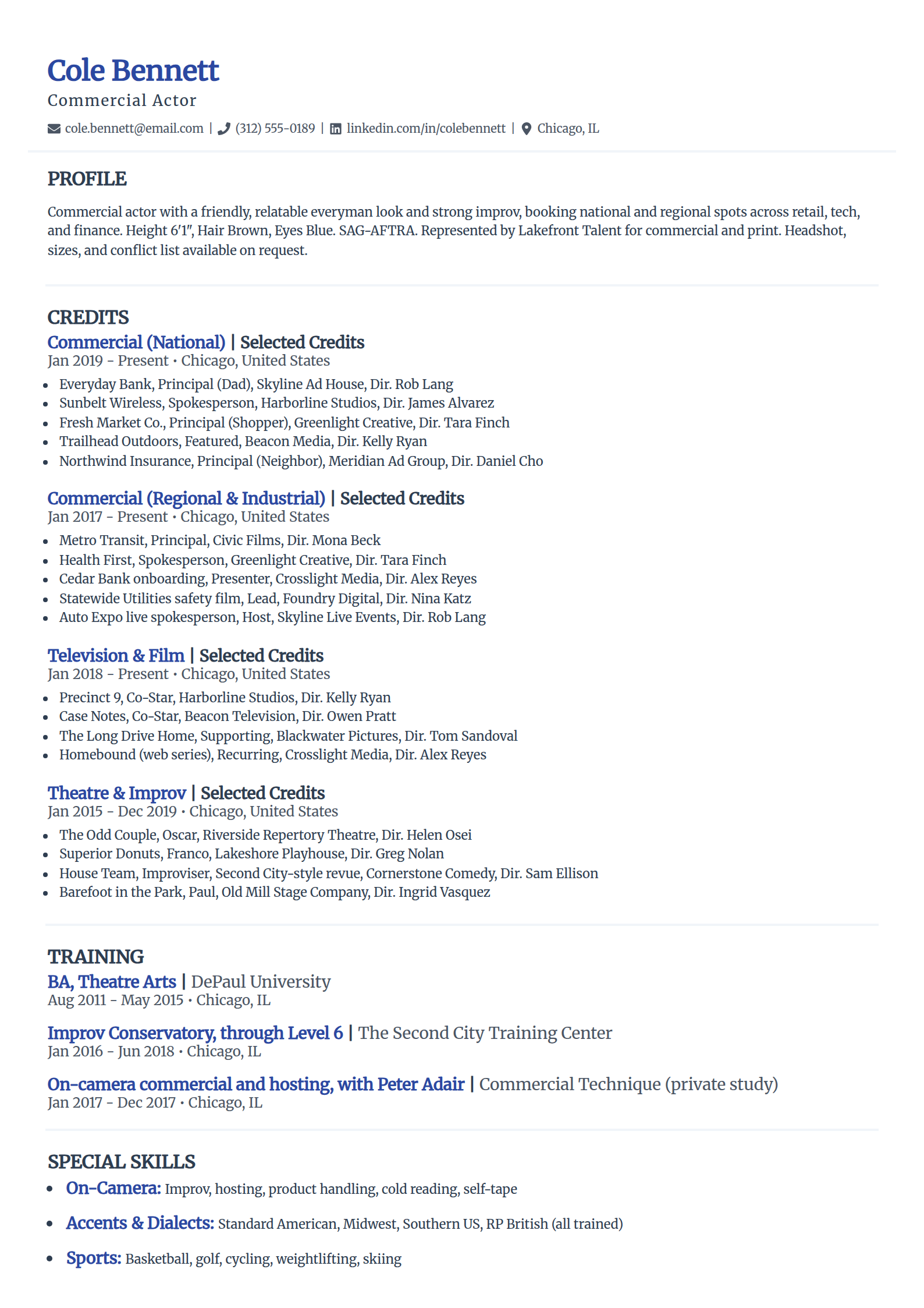 Commercial actor resume example in the Elegant template