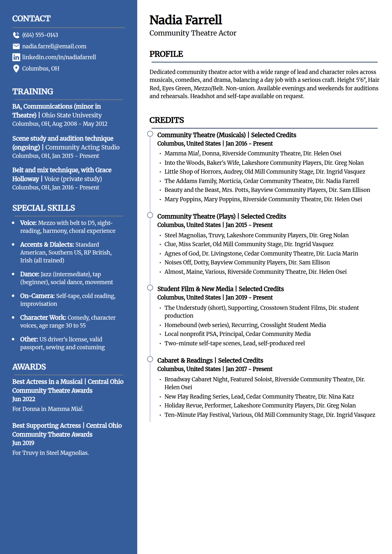 Community theatre actor resume example in the Creative template