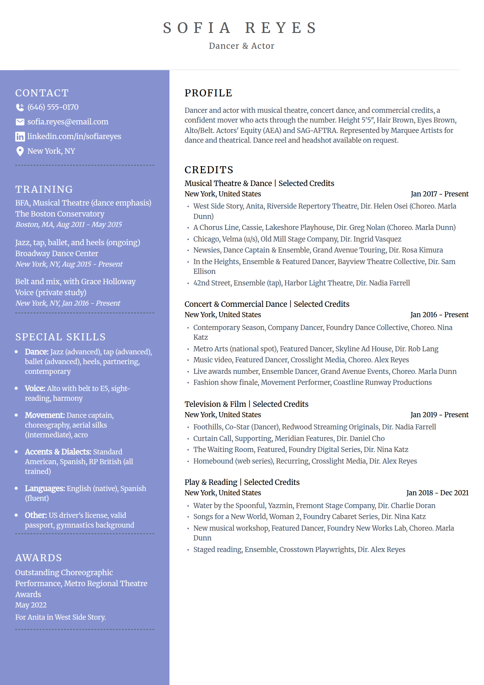 Dancer and actor resume example in the Luminary template