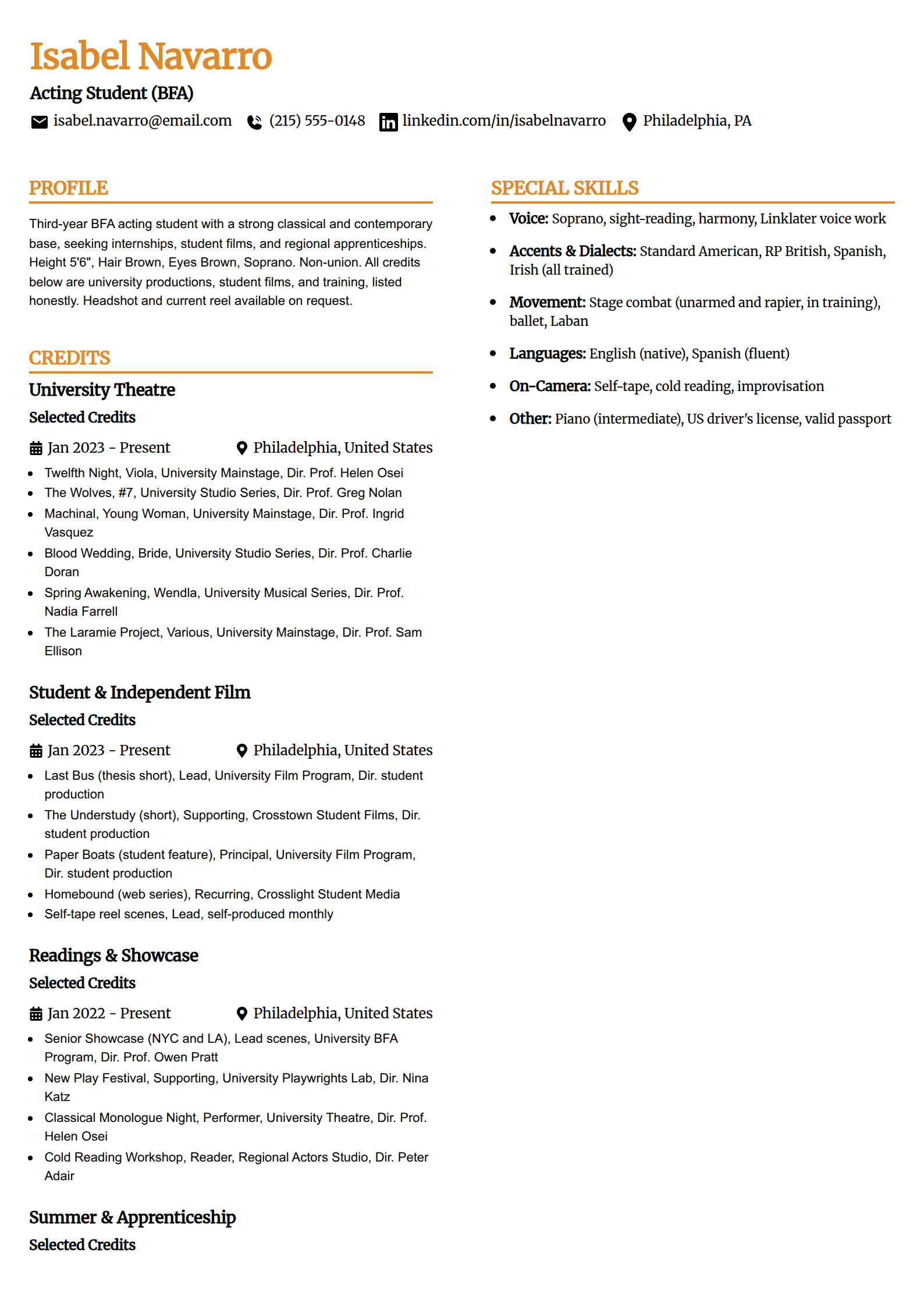 Drama and acting student resume example in the Professional Edge template