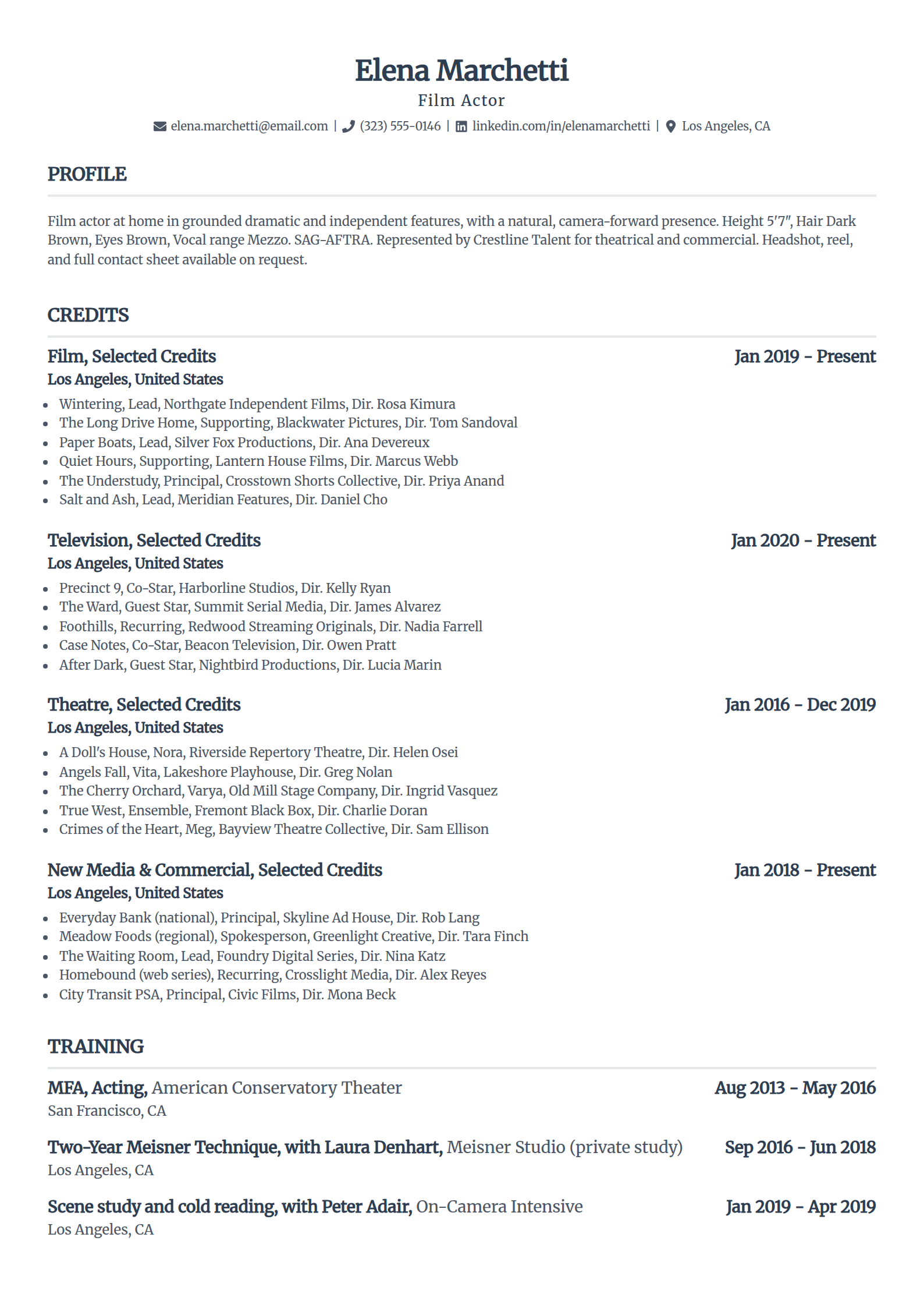 Film actor resume example in the Standard template
