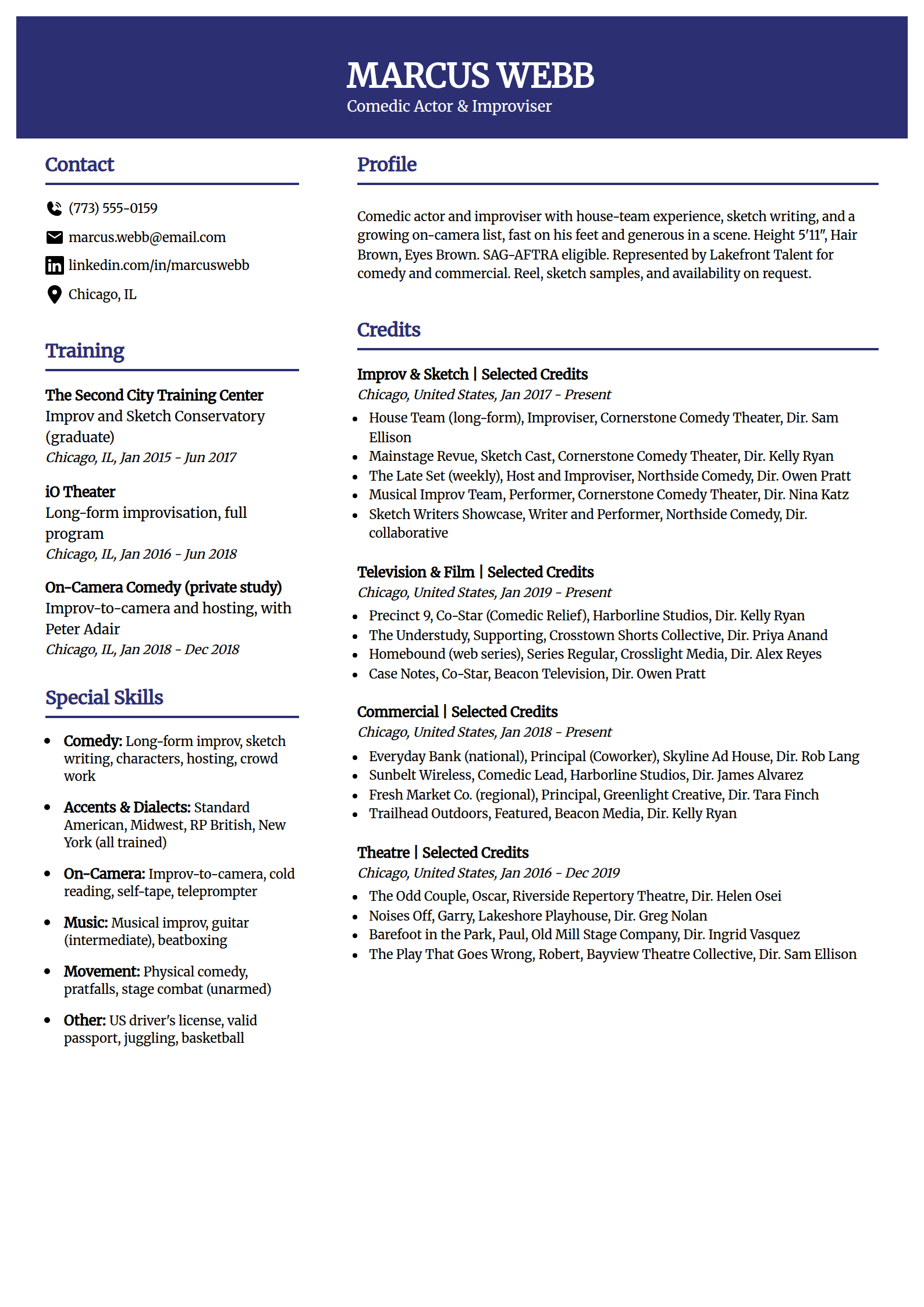 Improv and comedy performer resume example in the Visionary template