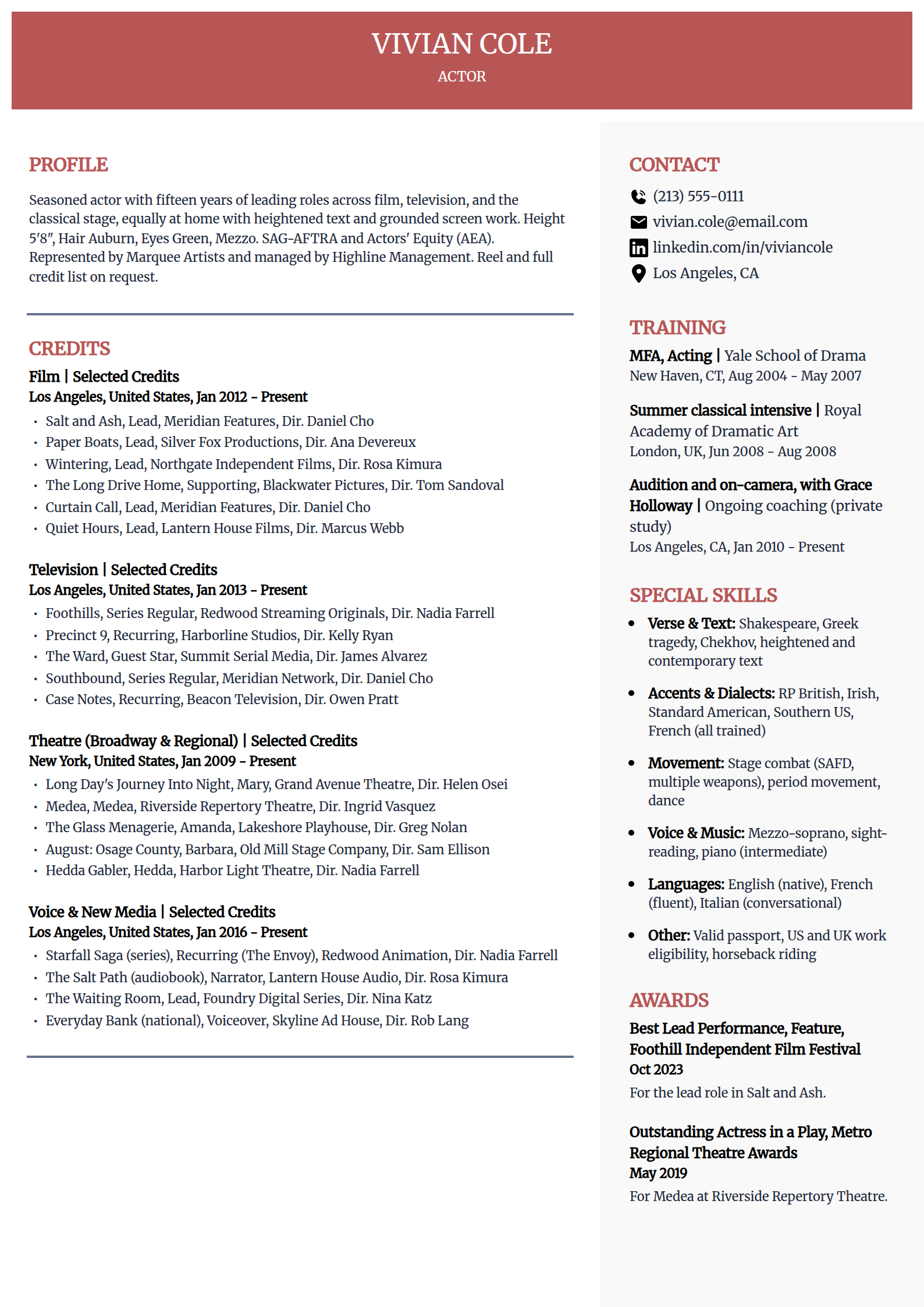 Experienced lead actor resume example in the Executive template