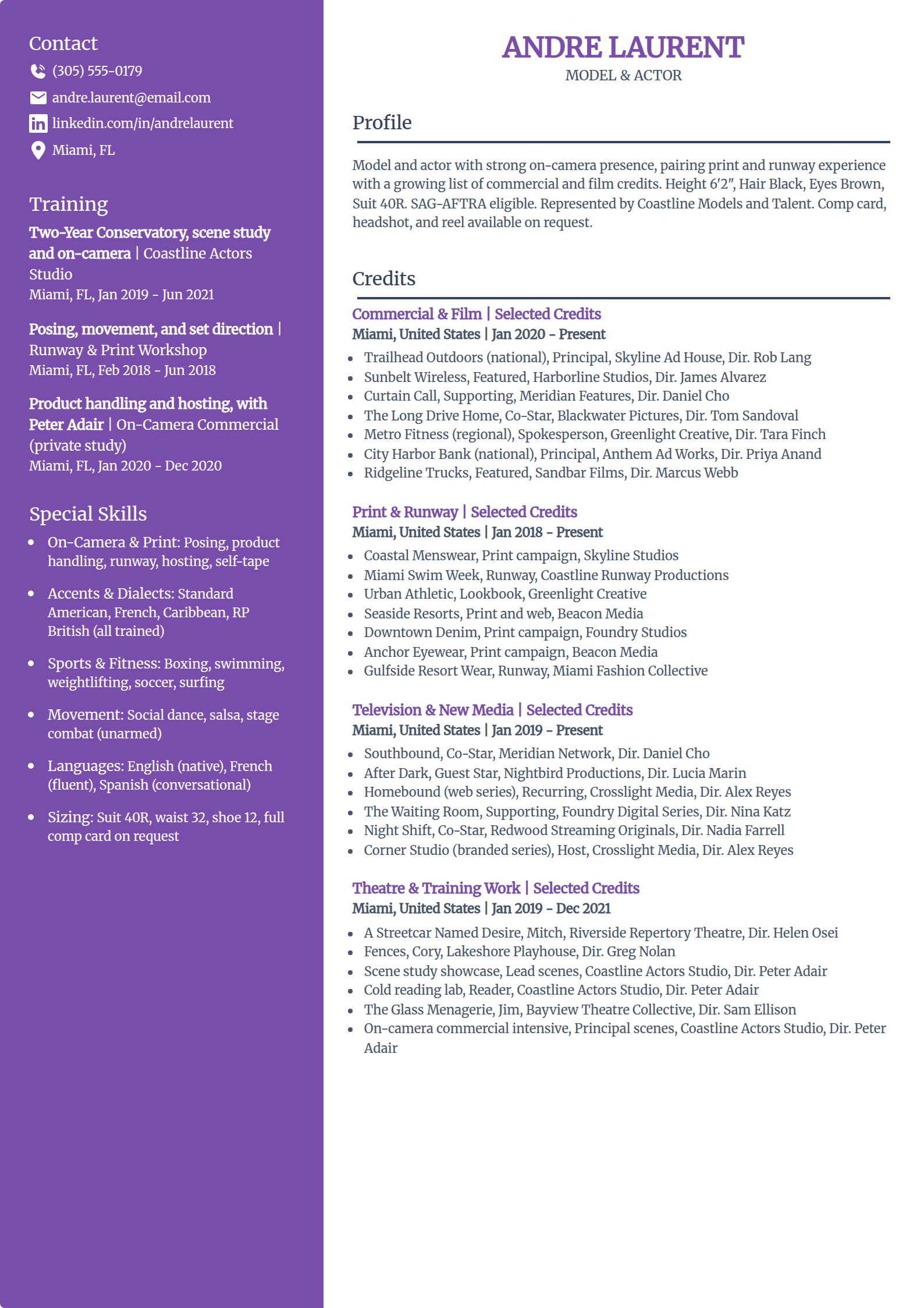 Model and actor resume example in the Pioneer template