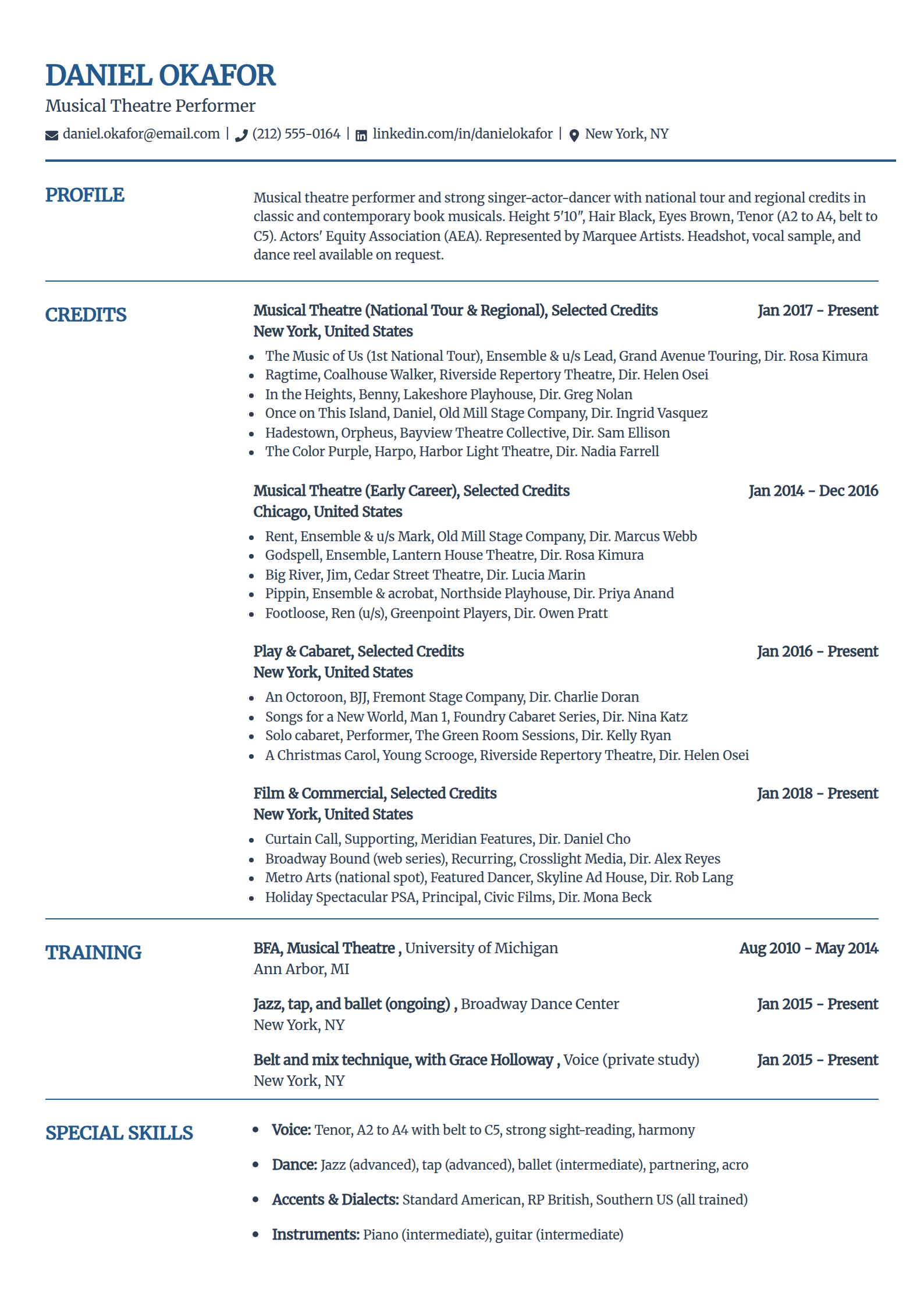 Musical theatre performer resume example in the Craft template