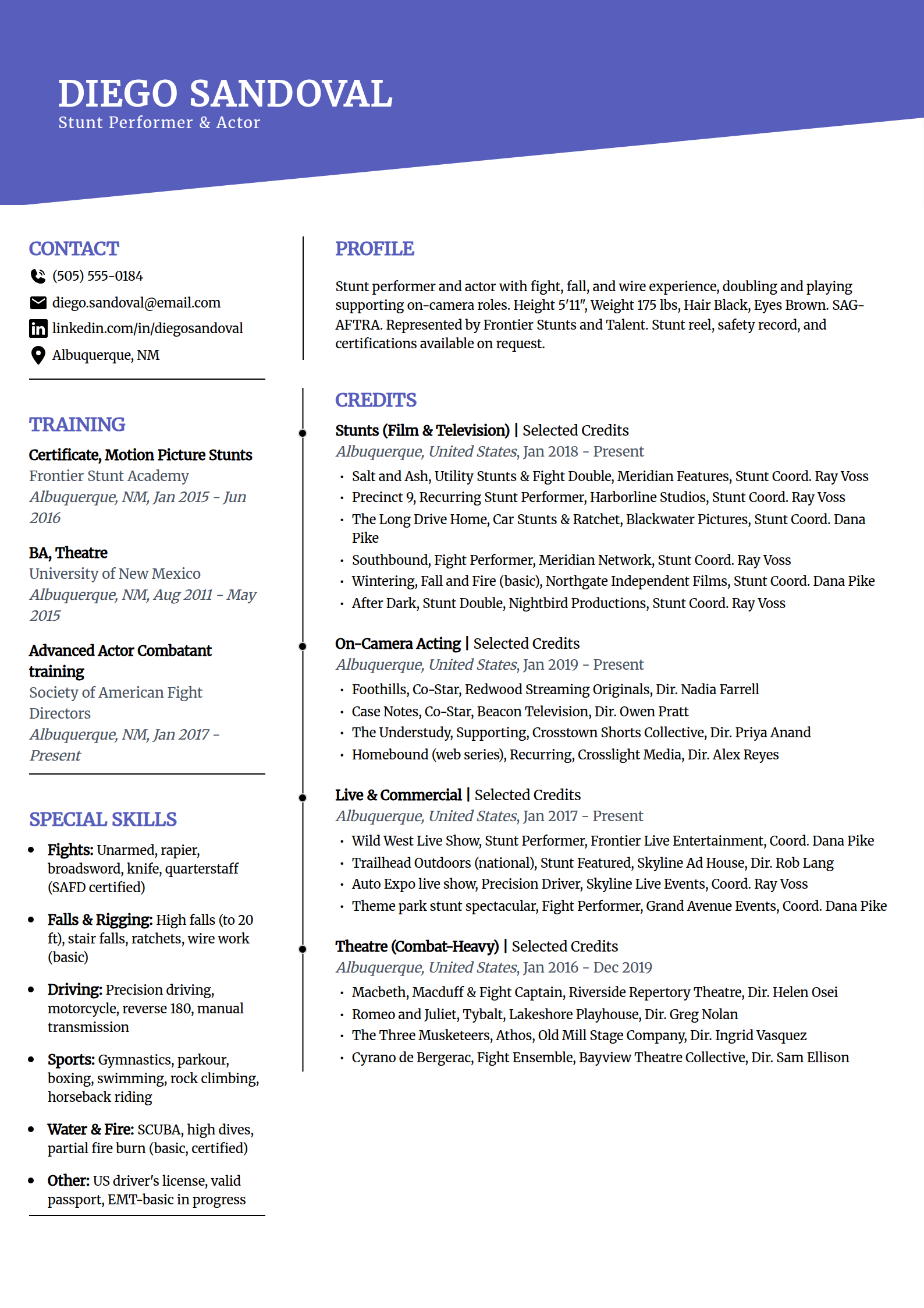 Stunt performer and actor resume example in the Orbit template