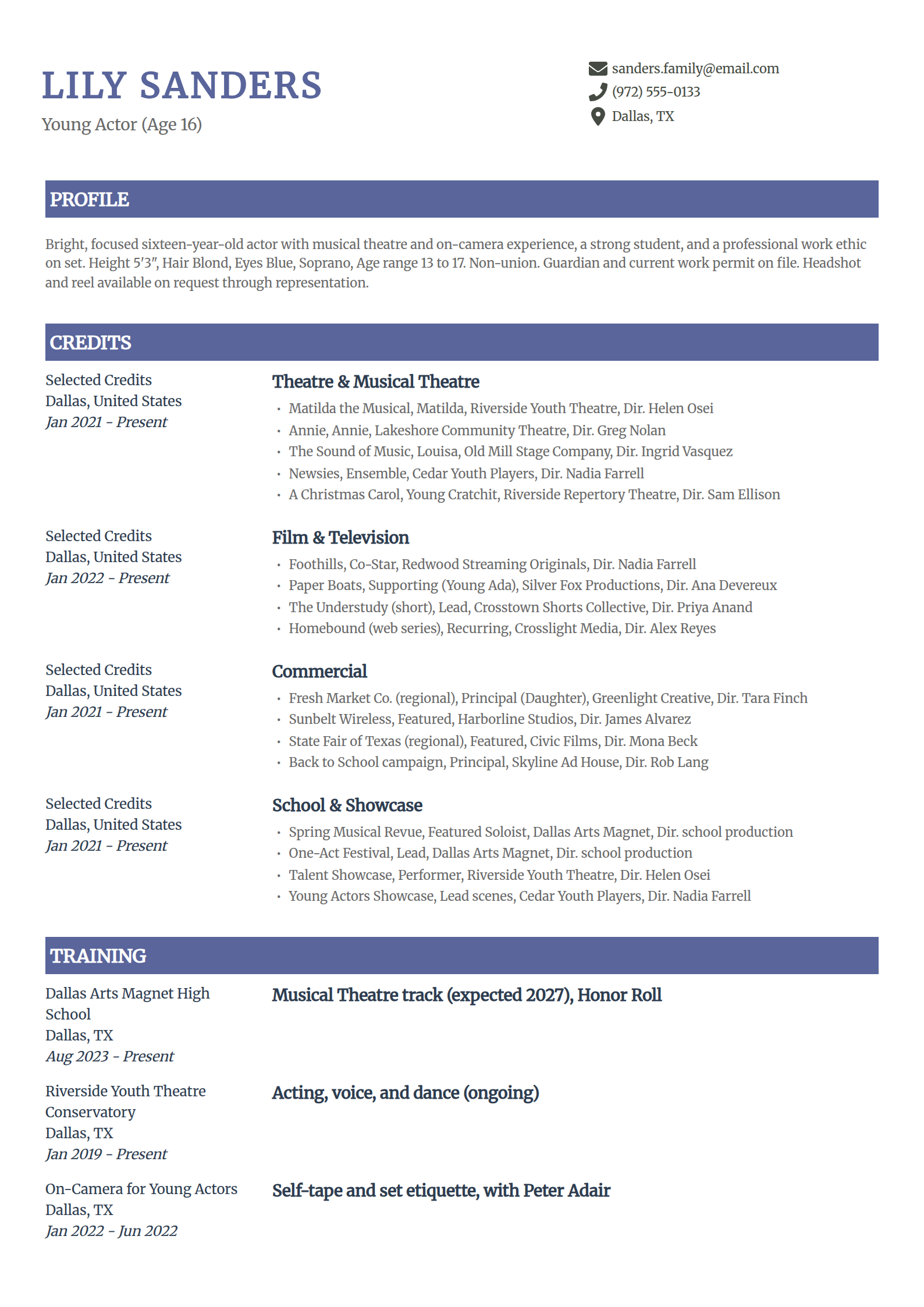Teen and young performer acting resume example in the Catalyst template
