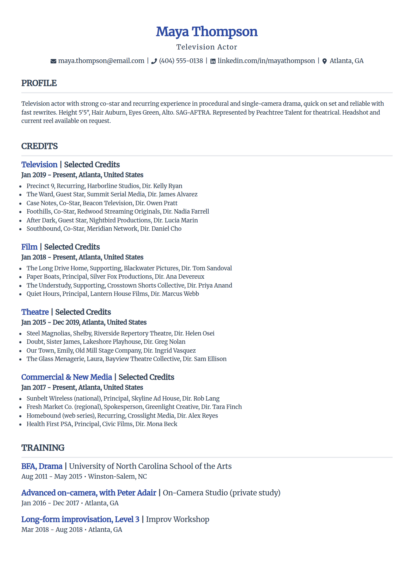 Television actor resume example in the Simple template