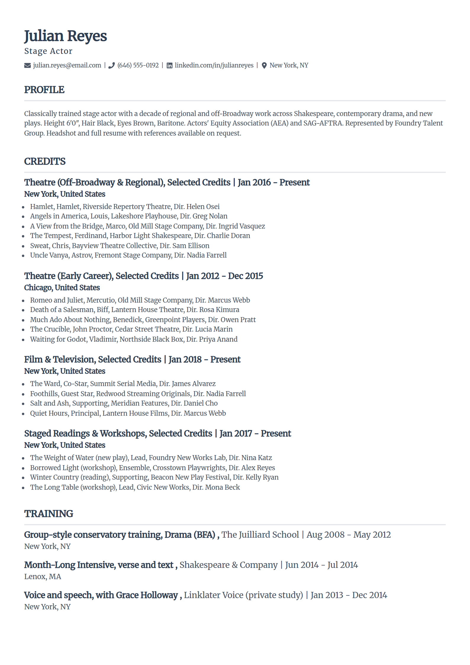 Theatre stage actor resume example in the Classic template