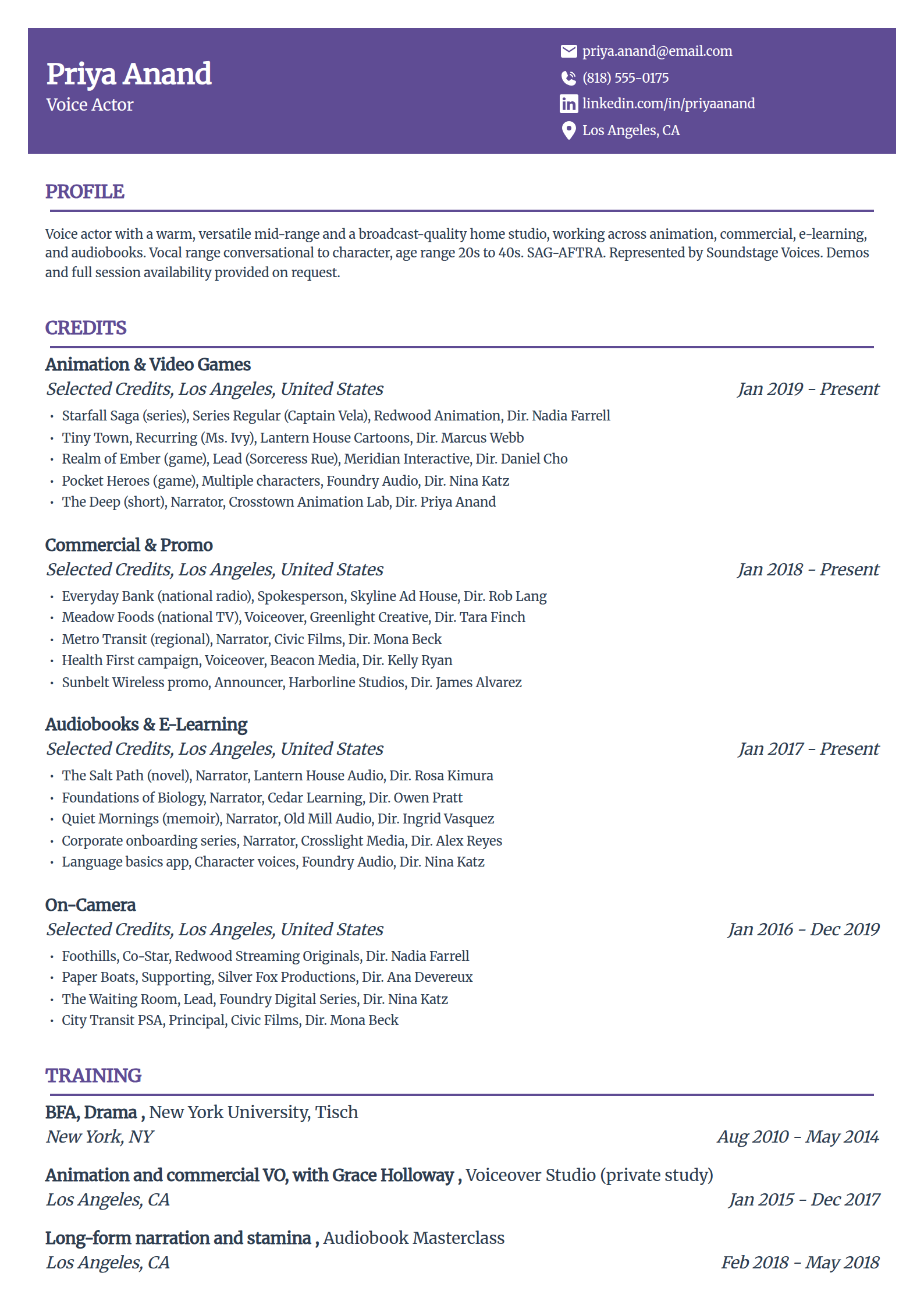 Voice actor and voiceover resume example in the Panorama template