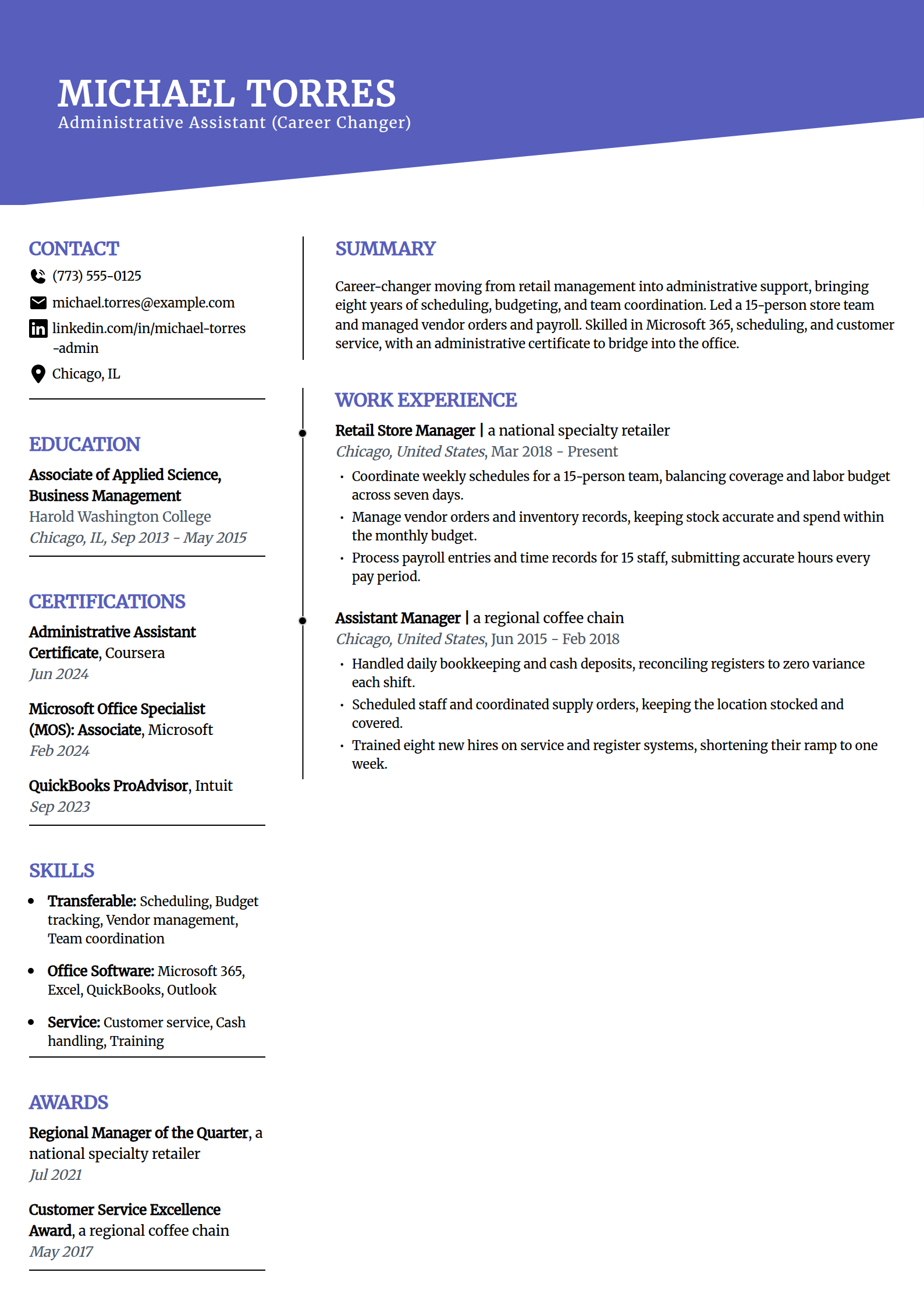 Career-changer administrative assistant resume example in the Orbit template