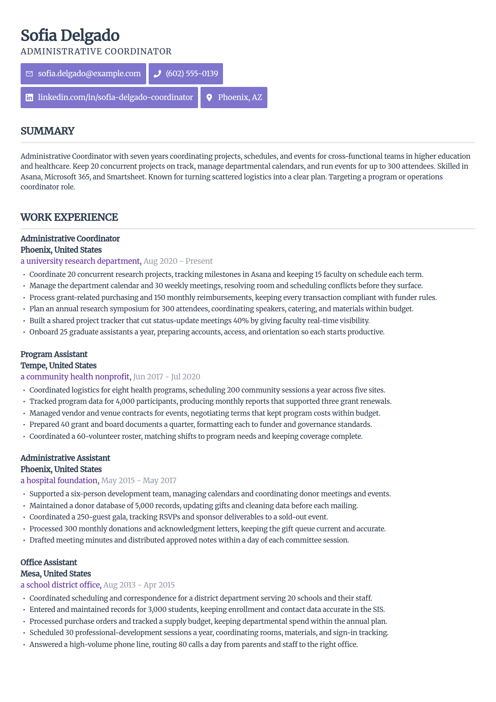 Administrative coordinator resume example in the Sleek Framework template