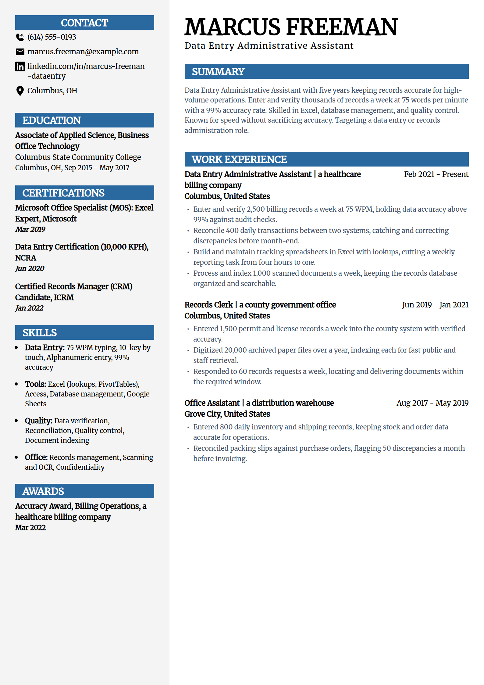 Data entry administrative assistant resume example in the Mosaic template